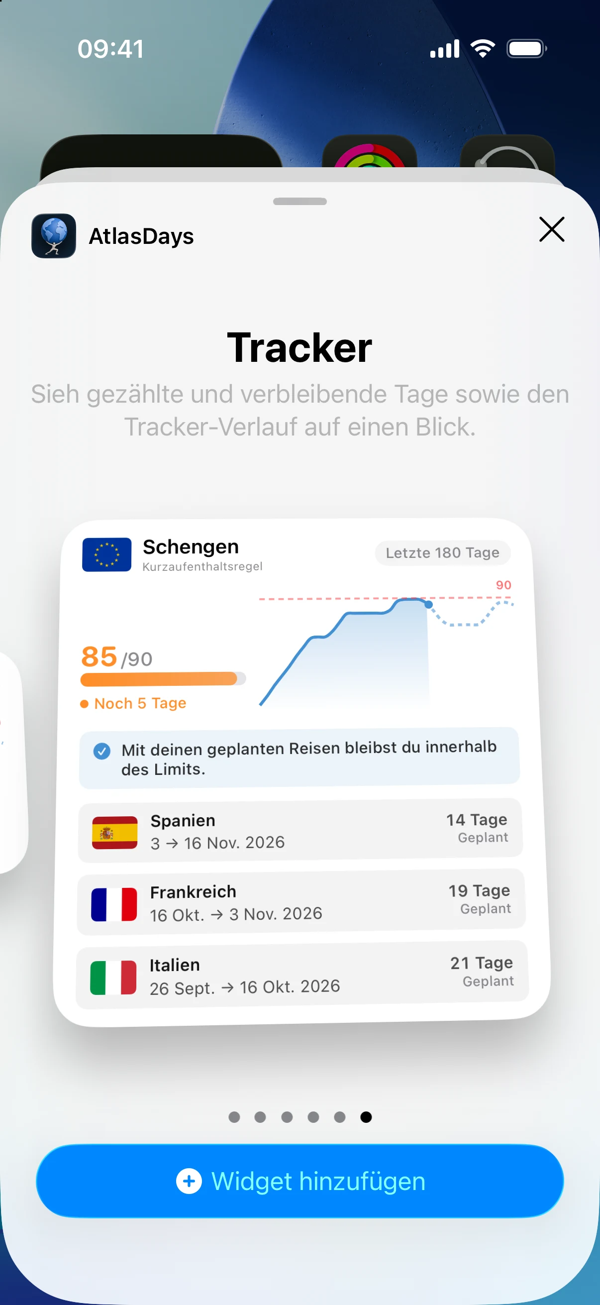 AtlasDays-Widgets auf dem Home-Bildschirm, die einen Schengen-Tracker mit verbrauchten und verbleibenden Tagen auf einen Blick zeigen