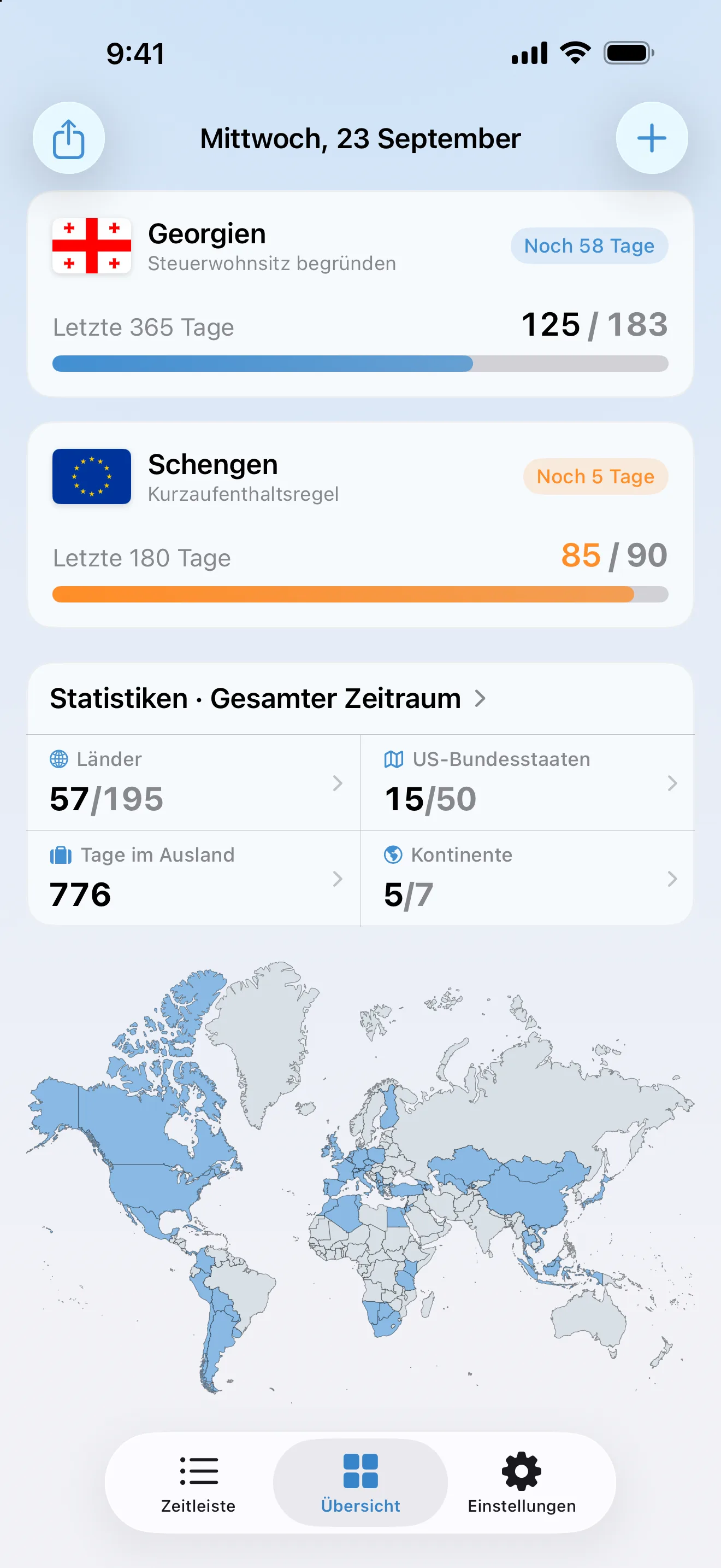 Die Übersicht in AtlasDays am Mittwoch, den 23. September: ein Tracker für den Steuerwohnsitz in Georgien, der Schengen-Tracker bei 85 von 90 Tagen, Statistiken über den gesamten Zeitraum und die Weltkarte der besuchten Länder