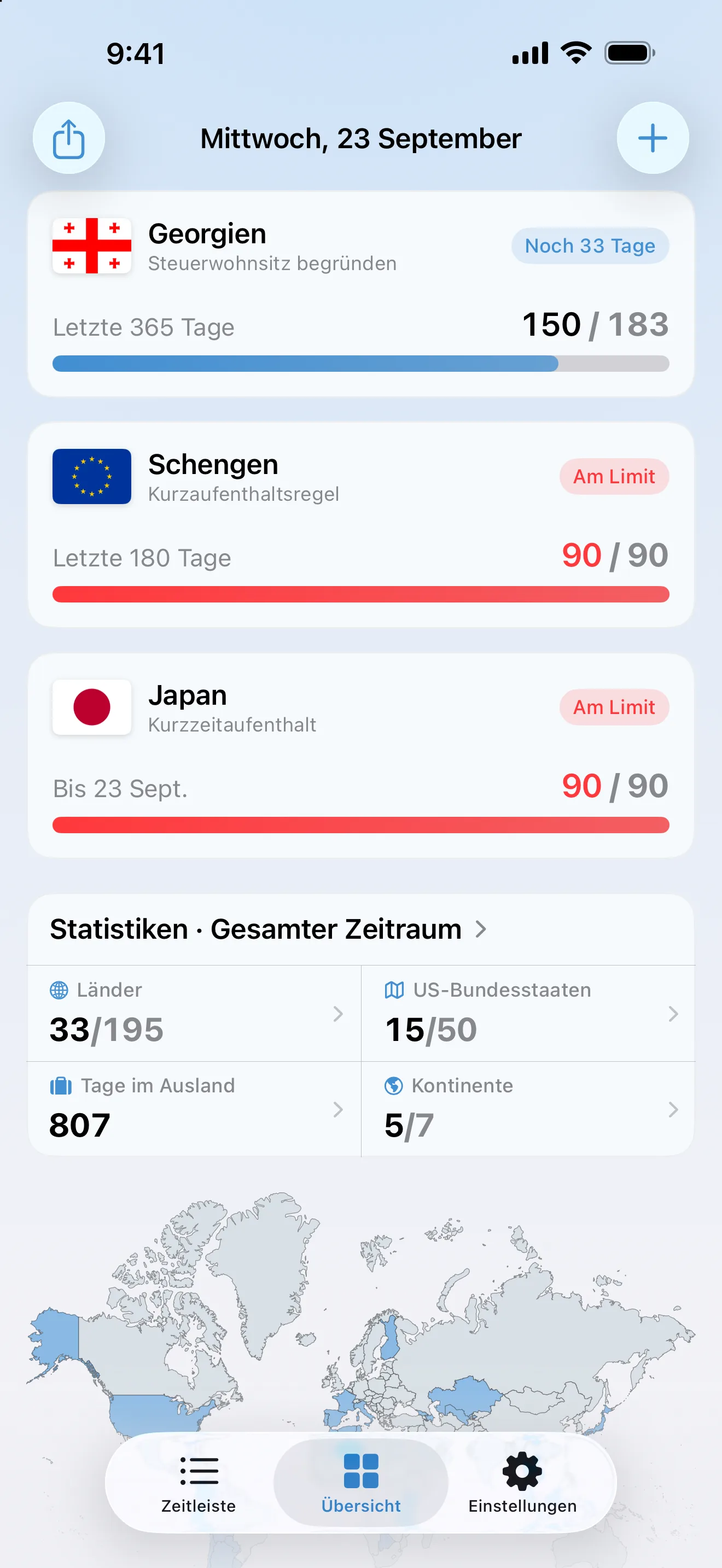Die Übersicht in AtlasDays mit dem Schengen-Tracker und dem Japan-Besuchertracker, beide rot bei 90 von 90 Tagen und markiert als „Am Limit“