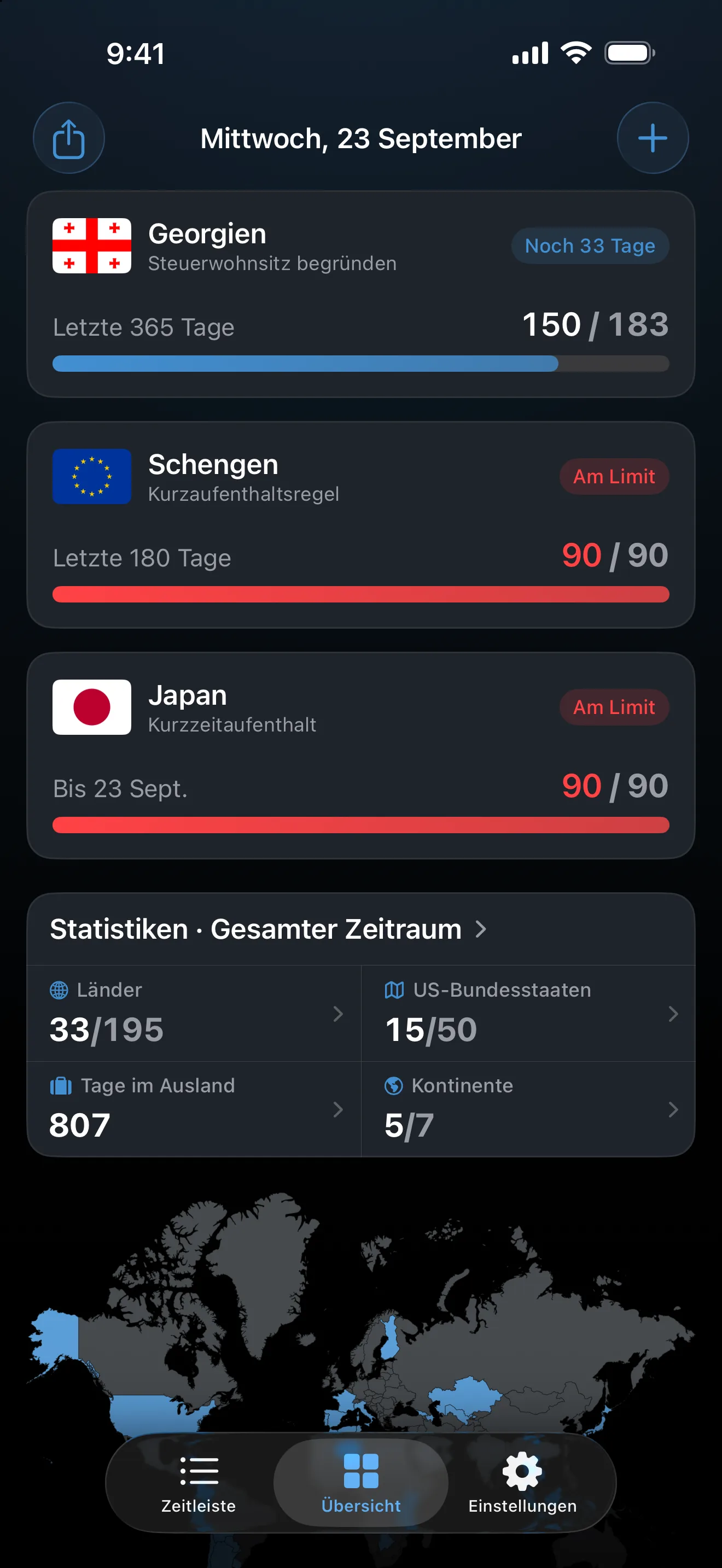 Die Übersicht in AtlasDays mit dem Schengen-Tracker und dem Japan-Besuchertracker, beide rot bei 90 von 90 Tagen und markiert als „Am Limit“