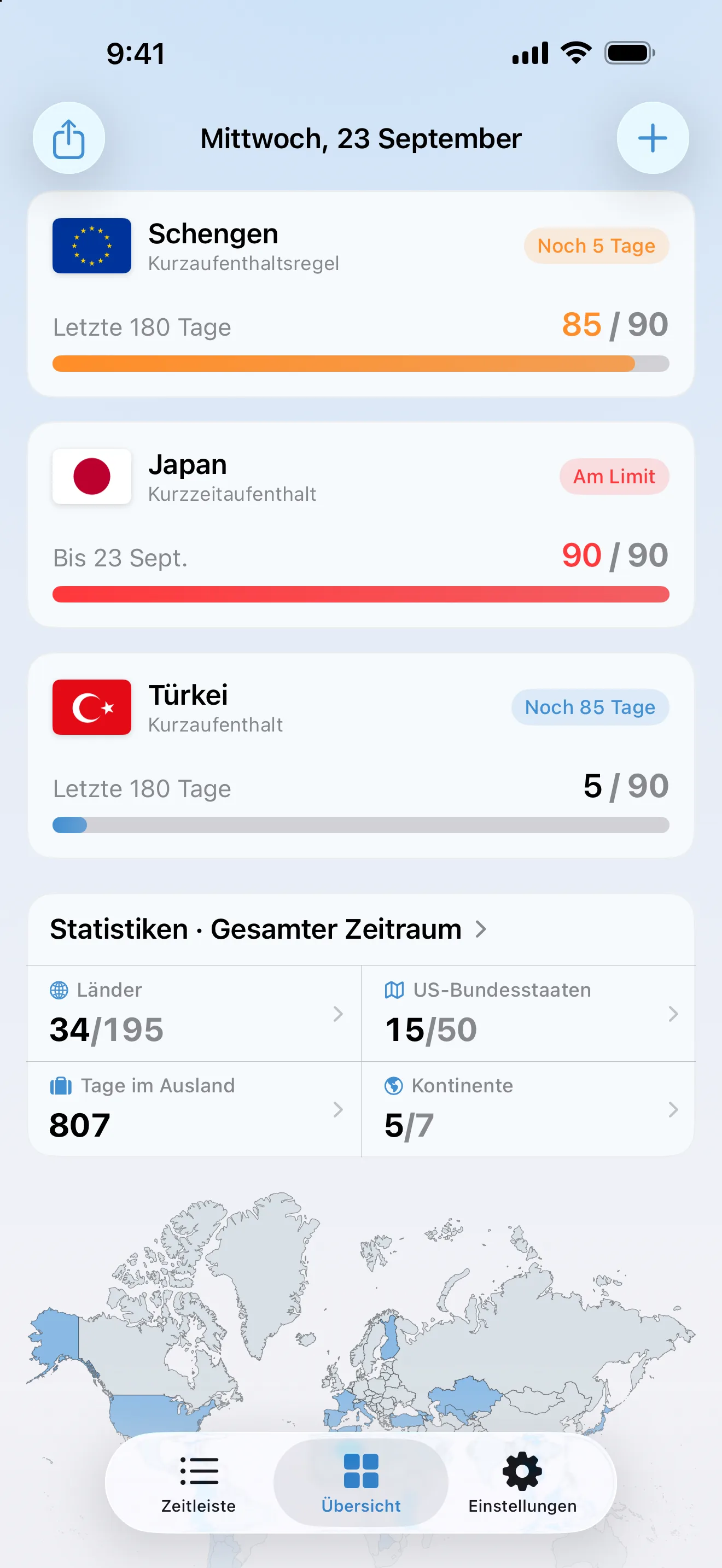Die Übersicht in AtlasDays mit drei Visumtrackern: Schengen orange bei 85 von 90 Tagen, ein Japan-Kurzzeitaufenthalt rot am Limit und die Türkei bei 5 von 90