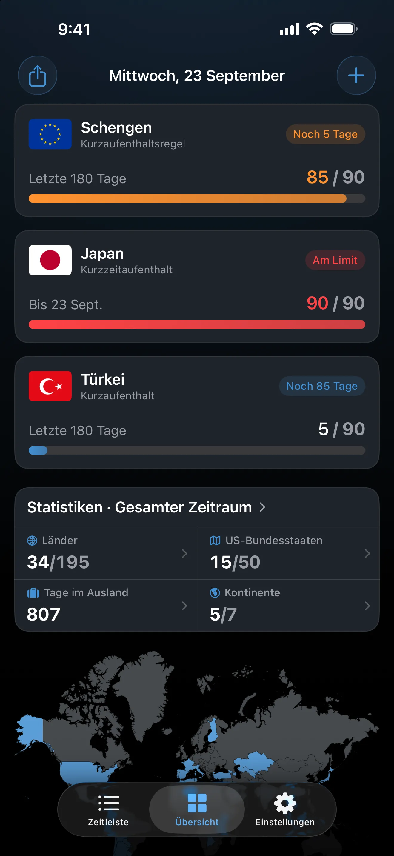 Die Übersicht in AtlasDays mit drei Visumtrackern: Schengen orange bei 85 von 90 Tagen, ein Japan-Kurzzeitaufenthalt rot am Limit und die Türkei bei 5 von 90