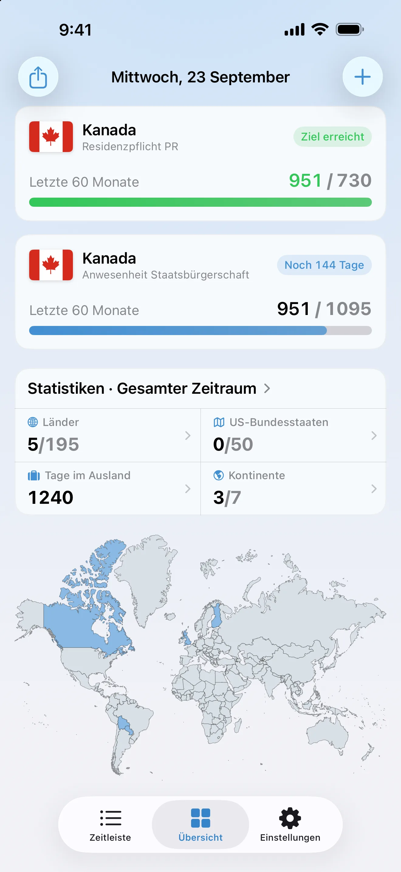 Die Übersicht in AtlasDays mit zwei kanadischen Trackern: der PR-Residenzpflicht, erreicht bei 951 von 730 Tagen, und der Anwesenheit für die kanadische Staatsbürgerschaft bei 951 von 1.095, mit noch 144 benötigten Tagen