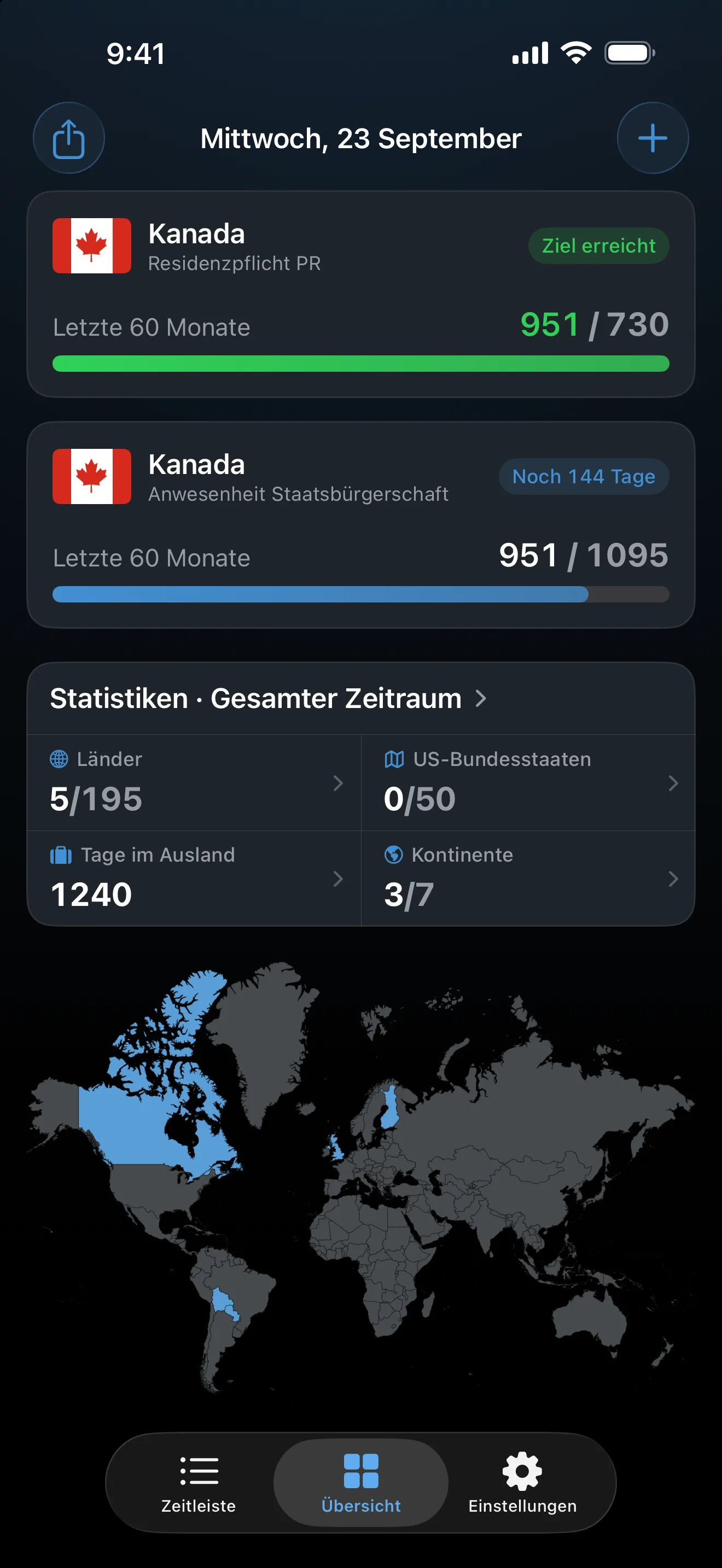 Die Übersicht in AtlasDays mit zwei kanadischen Trackern: der PR-Residenzpflicht, erreicht bei 951 von 730 Tagen, und der Anwesenheit für die kanadische Staatsbürgerschaft bei 951 von 1.095, mit noch 144 benötigten Tagen