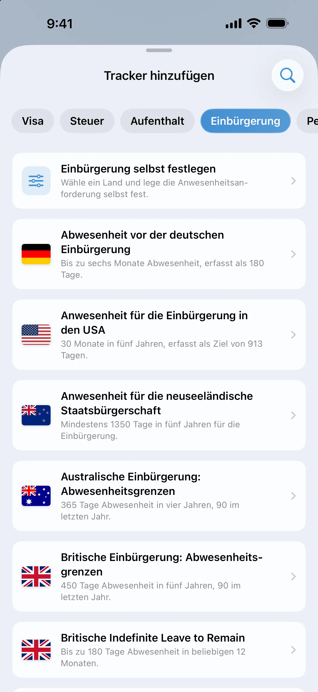 Der Bildschirm „Tracker hinzufügen“ in AtlasDays, gefiltert nach Einbürgerung, mit Vorlagen für Australien, Zypern, Deutschland, Neuseeland, das Vereinigte Königreich und die USA