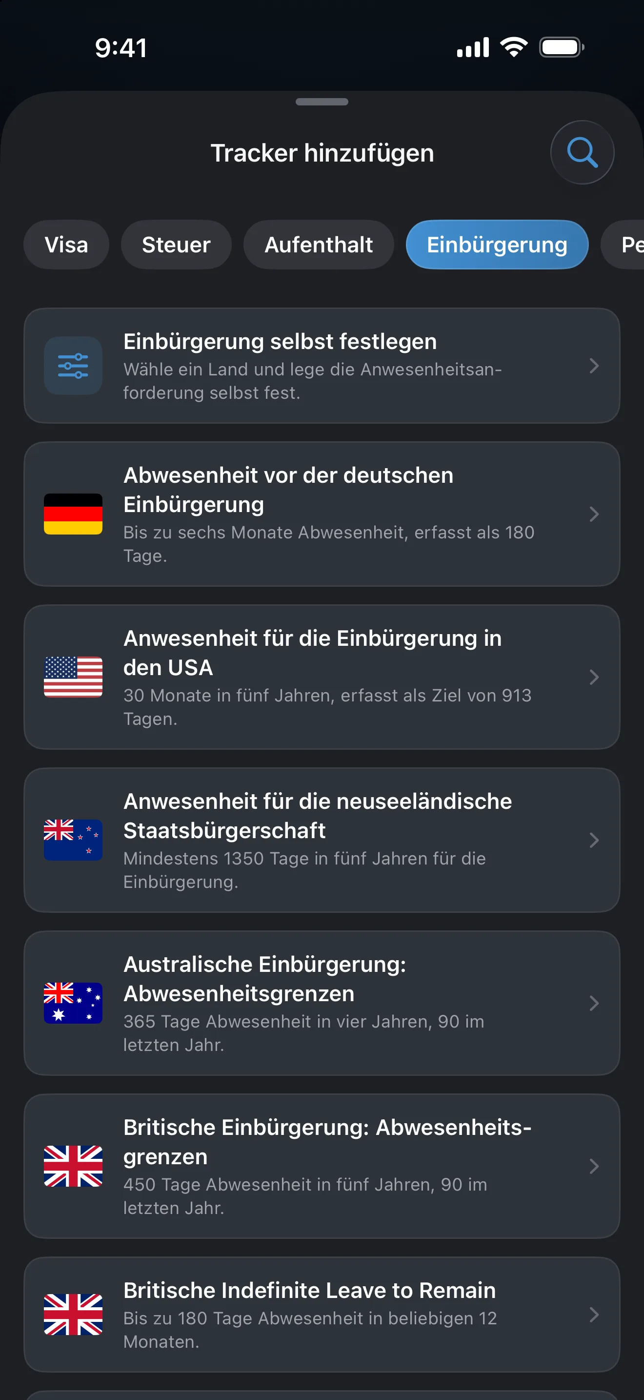 Der Bildschirm „Tracker hinzufügen“ in AtlasDays, gefiltert nach Einbürgerung, mit Vorlagen für Australien, Zypern, Deutschland, Neuseeland, das Vereinigte Königreich und die USA