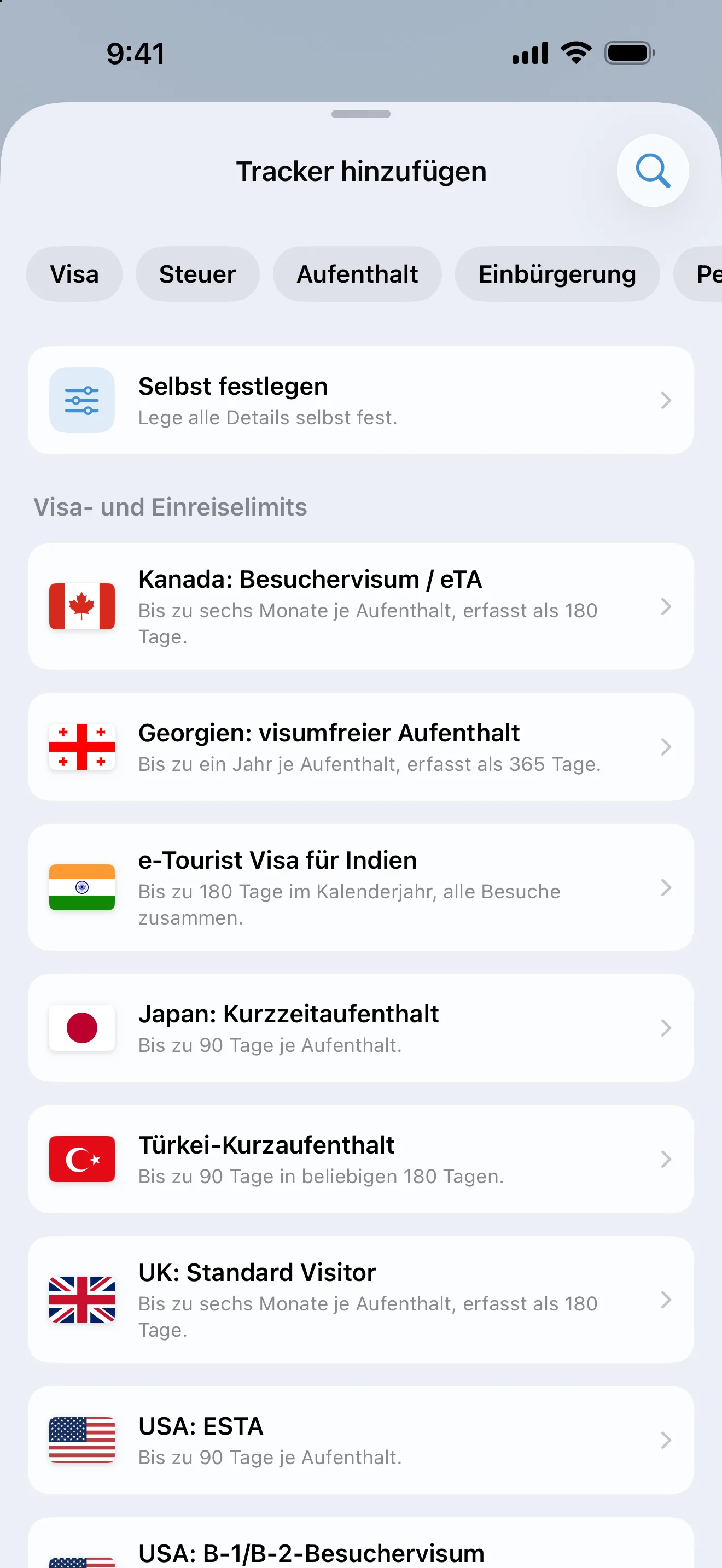Der Bildschirm „Tracker hinzufügen“ in AtlasDays mit den Filtern Visa, Steuer, Aufenthalt und Einbürgerung über fertigen Regeln für Visa- und Einreiselimits
