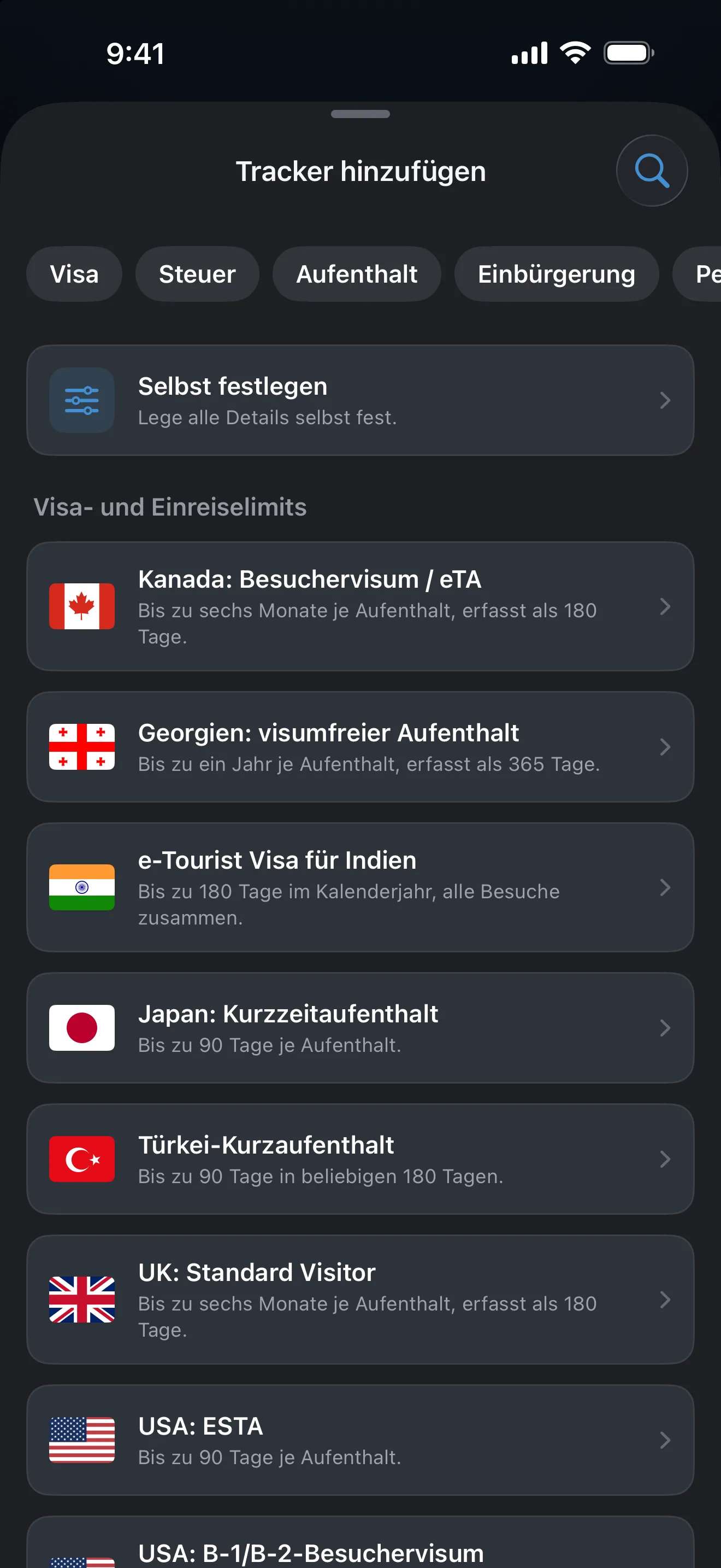 Der Bildschirm „Tracker hinzufügen“ in AtlasDays mit den Filtern Visa, Steuer, Aufenthalt und Einbürgerung über fertigen Regeln für Visa- und Einreiselimits