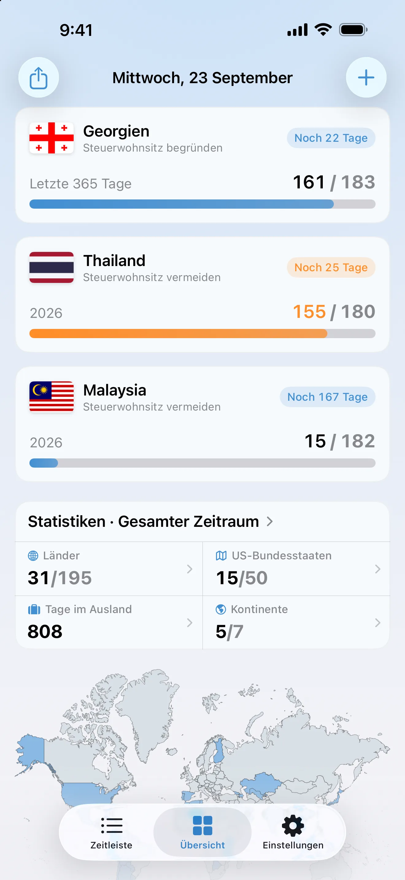 Die Übersicht in AtlasDays mit drei Steuerwohnsitz-Trackern: Georgien bei 161 von 183 Tagen mit noch 22 benötigten Tagen, Thailand orange bei 155 von 180 und Malaysia bei 15 von 182