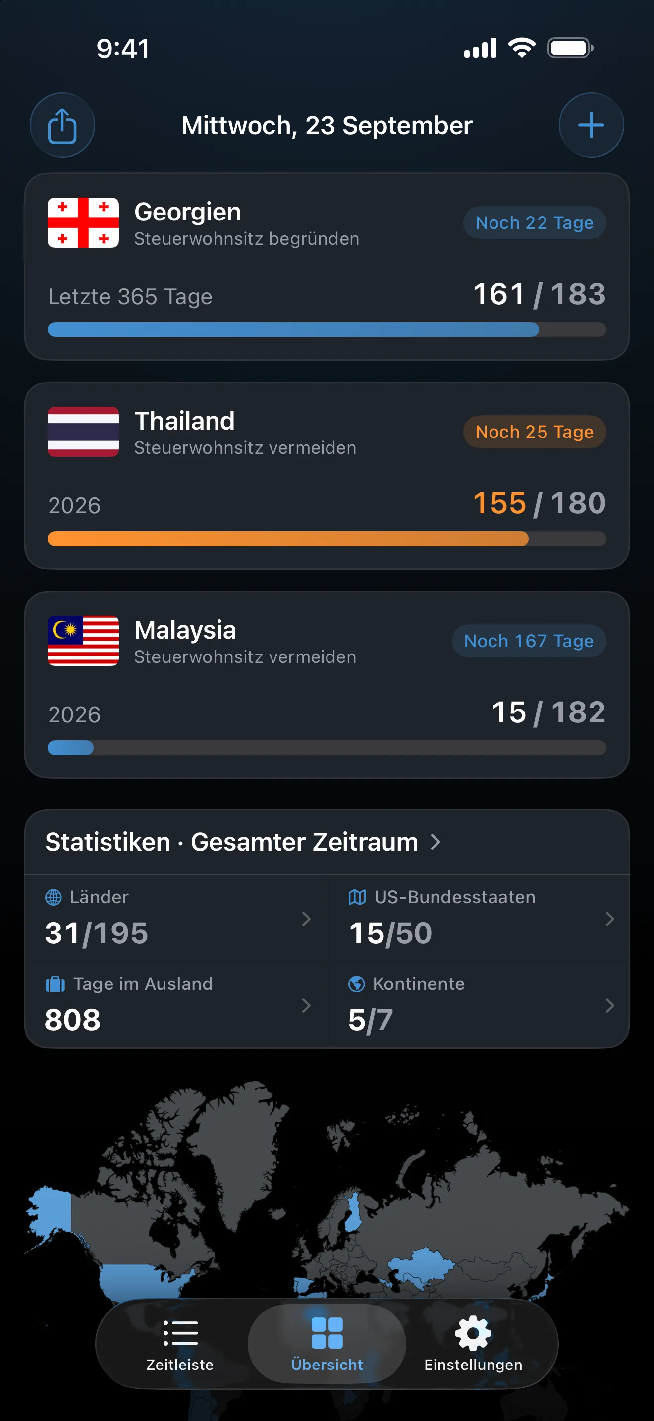Die Übersicht in AtlasDays mit drei Steuerwohnsitz-Trackern: Georgien bei 161 von 183 Tagen mit noch 22 benötigten Tagen, Thailand orange bei 155 von 180 und Malaysia bei 15 von 182