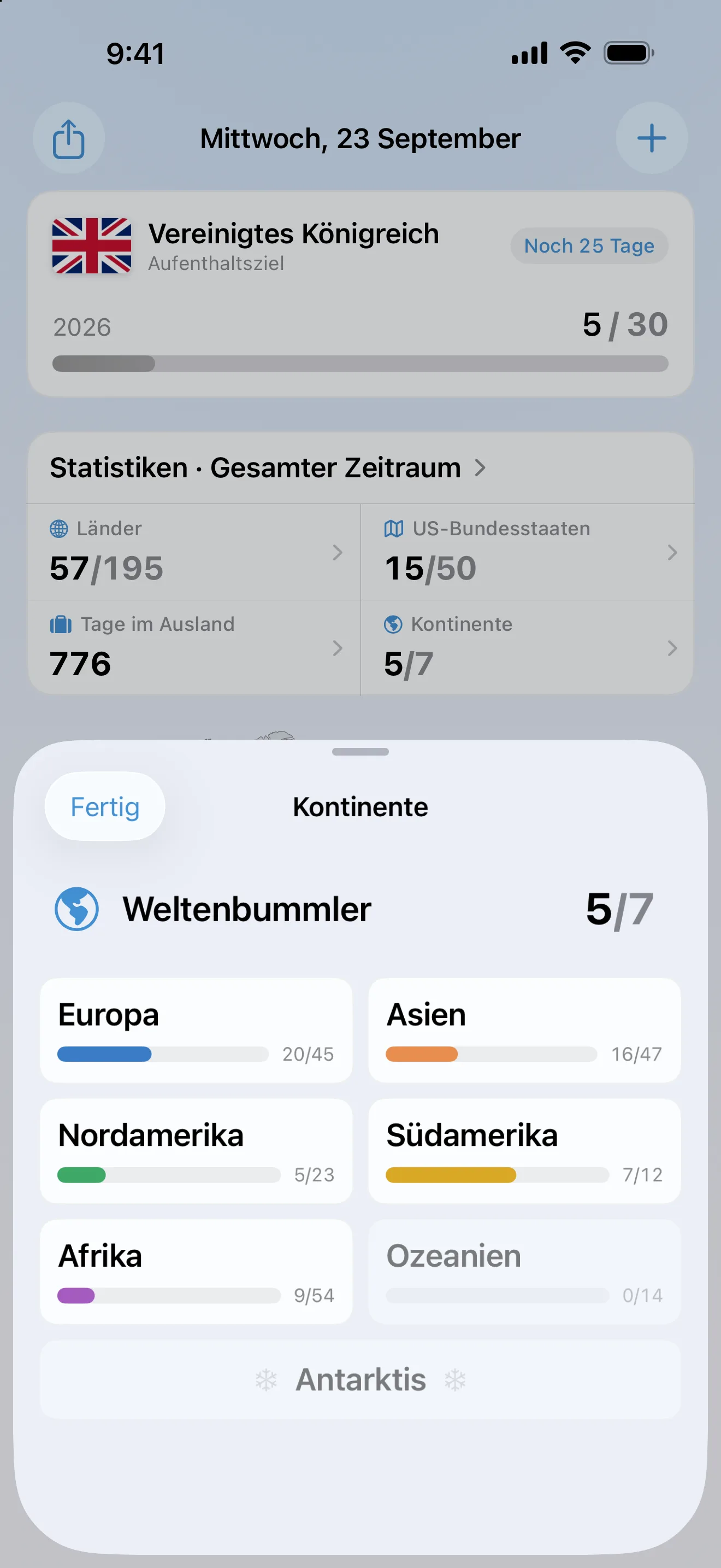 Das Kontinente-Blatt in AtlasDays, geöffnet aus den Statistiken der Übersicht: 5 von 7 Kontinenten, mit Europa 20 von 45, Asien 16 von 47, Nordamerika 5 von 23, Südamerika 7 von 12 und Afrika 9 von 54