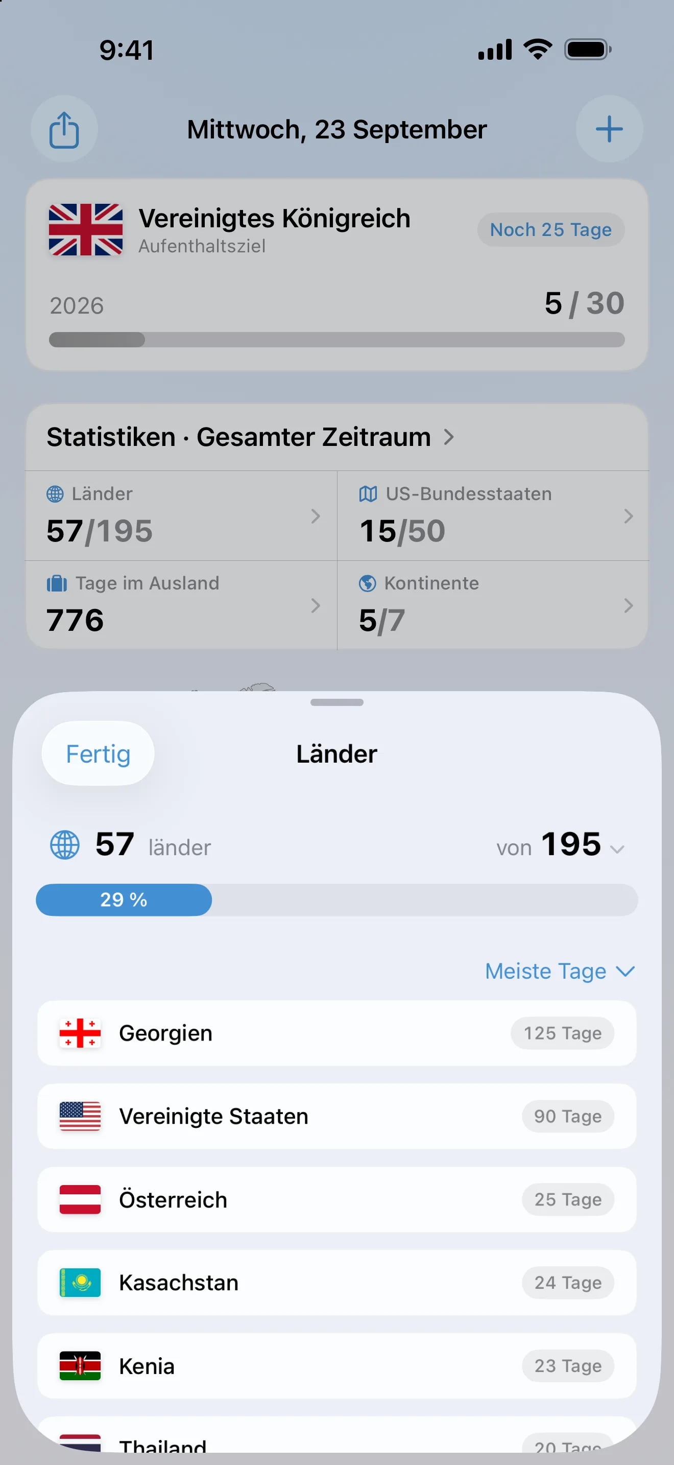 Das Länder-Blatt in AtlasDays: 57 von 195 Ländern, 29 Prozent, sortiert nach den meisten Tagen, angeführt von Georgien mit 125 Tagen und den Vereinigten Staaten mit 90