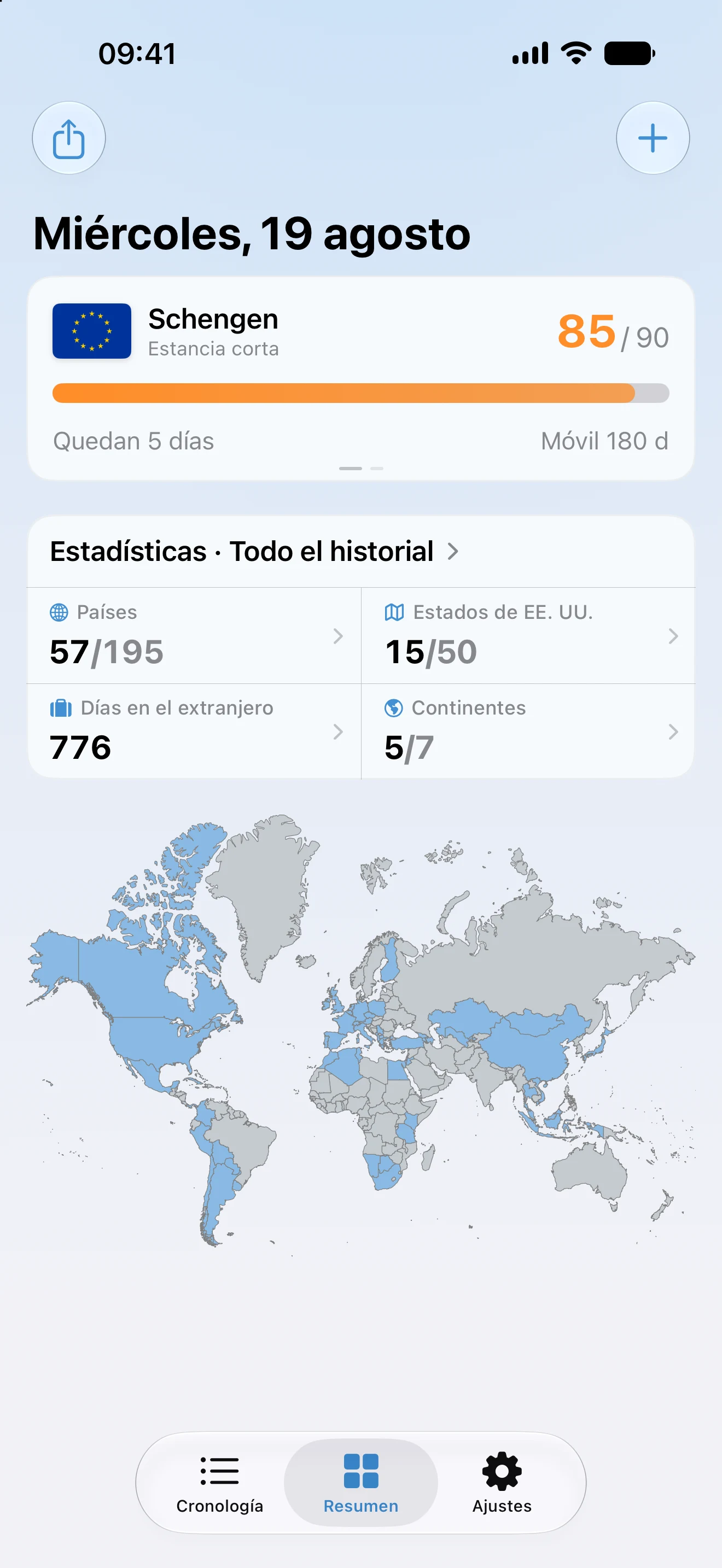 Resumen de AtlasDays con el control de Schengen, las estadísticas históricas y el mapa del mundo