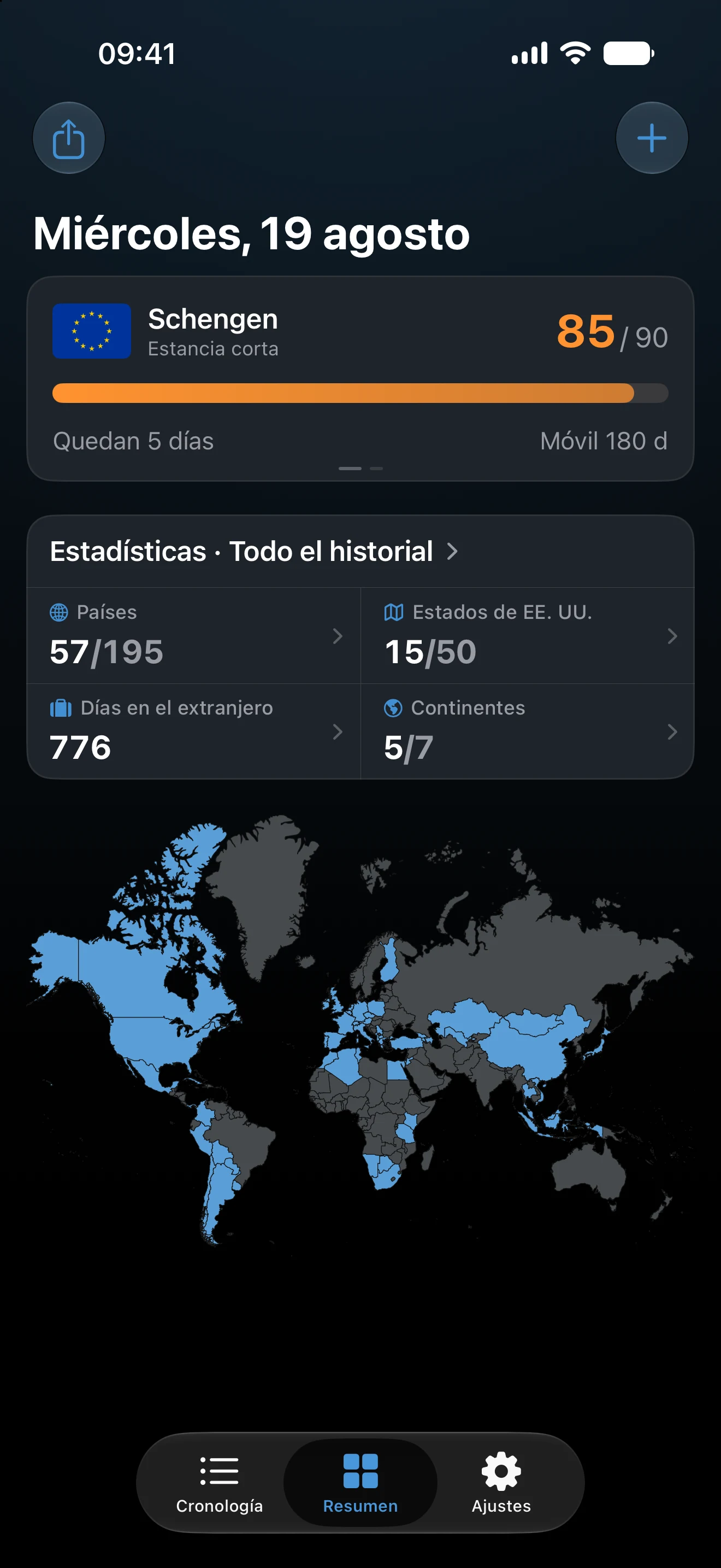 Resumen de AtlasDays con el control de Schengen, las estadísticas históricas y el mapa del mundo