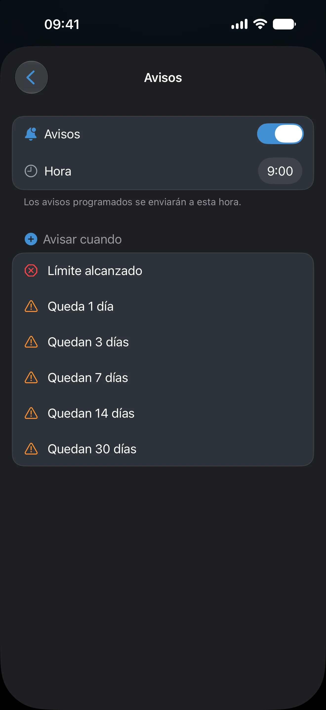 Ajustes de avisos de un control de AtlasDays, con hora de entrega y advertencias desde 30 días restantes hasta el límite alcanzado