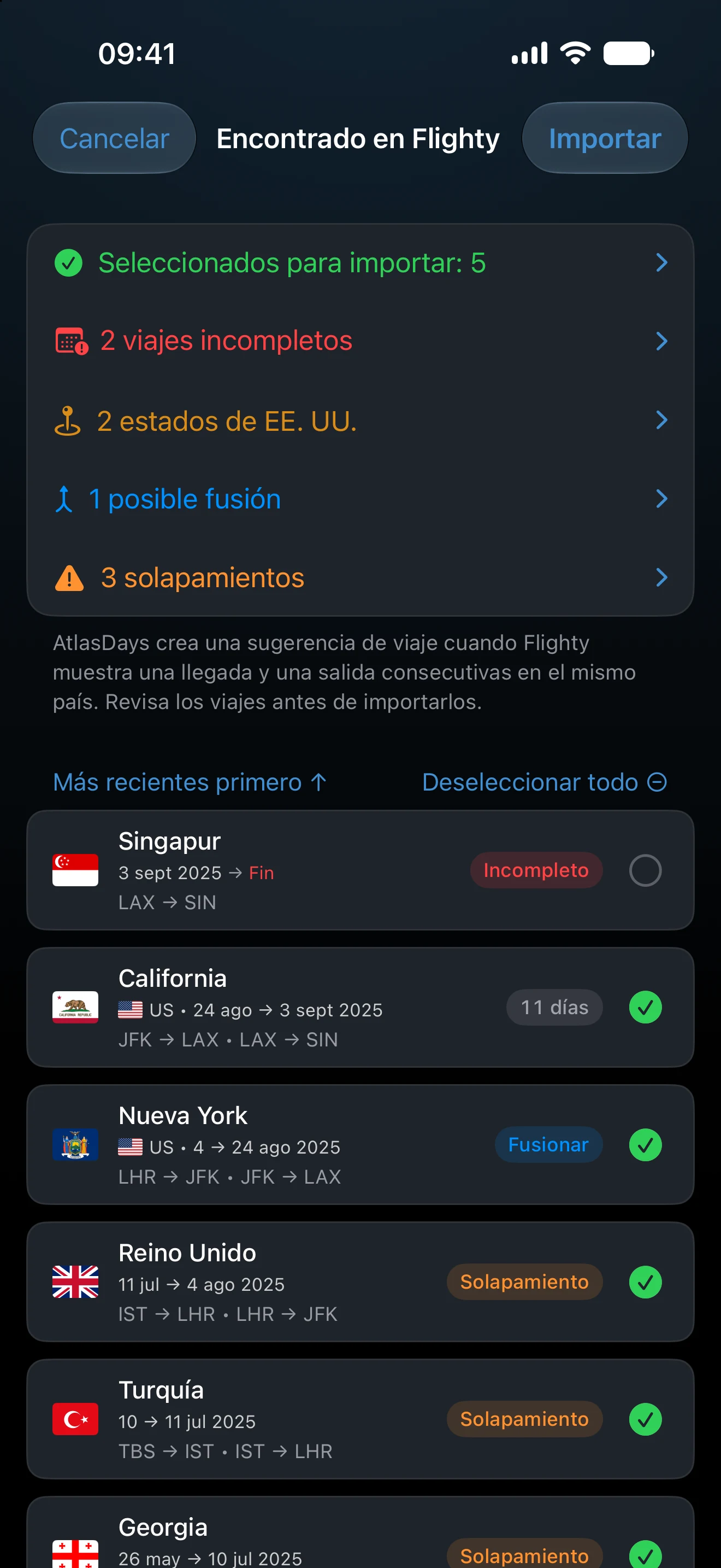 Revisión de una importación desde Flighty en AtlasDays, que marca viajes incompletos, estados de EE. UU., una posible fusión y solapamientos antes de guardar
