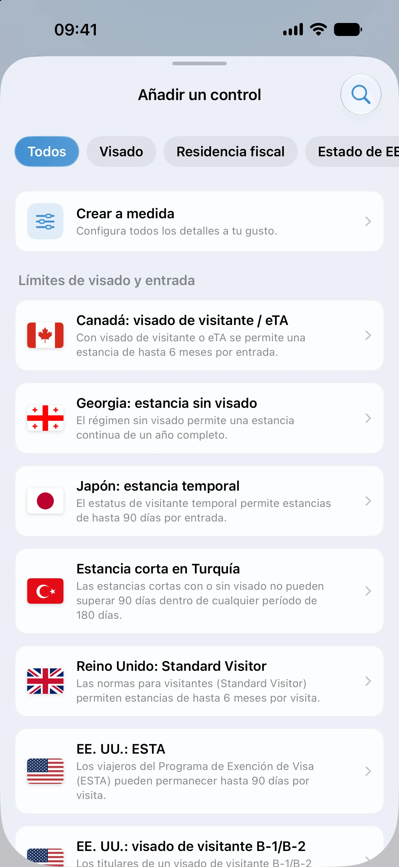La pantalla Añadir un control de AtlasDays, con filtros de visado, residencia fiscal, estado de EE. UU. y objetivo de estancia sobre una lista de plantillas de límites de visado y entrada