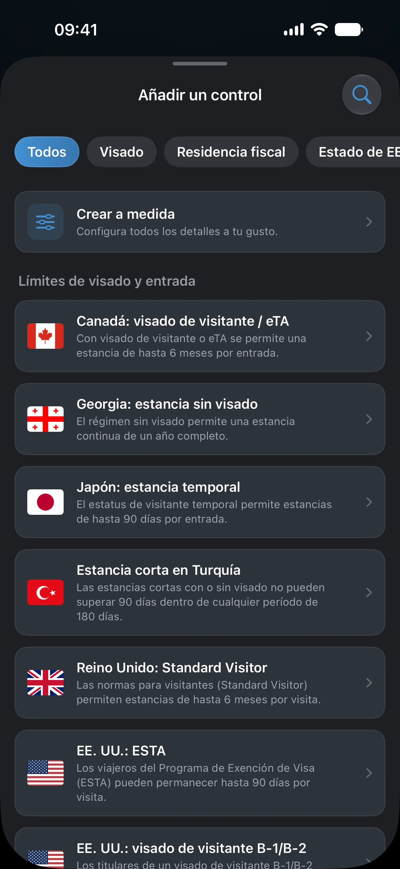 La pantalla Añadir un control de AtlasDays, con filtros de visado, residencia fiscal, estado de EE. UU. y objetivo de estancia sobre una lista de plantillas de límites de visado y entrada