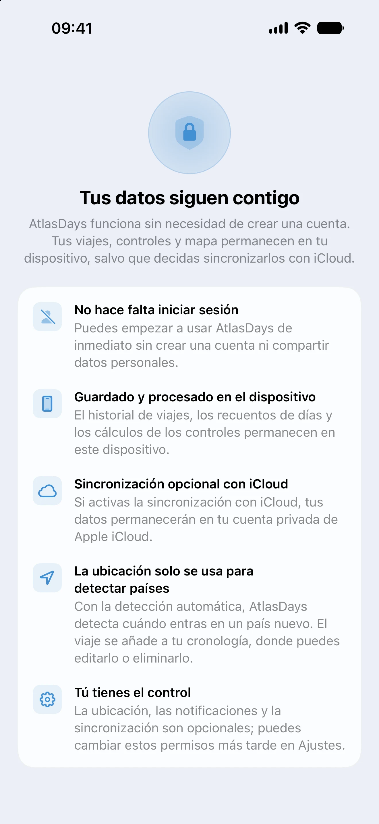 Panel de privacidad de AtlasDays que explica que los datos de viaje se quedan en el dispositivo, con sincronización opcional por iCloud