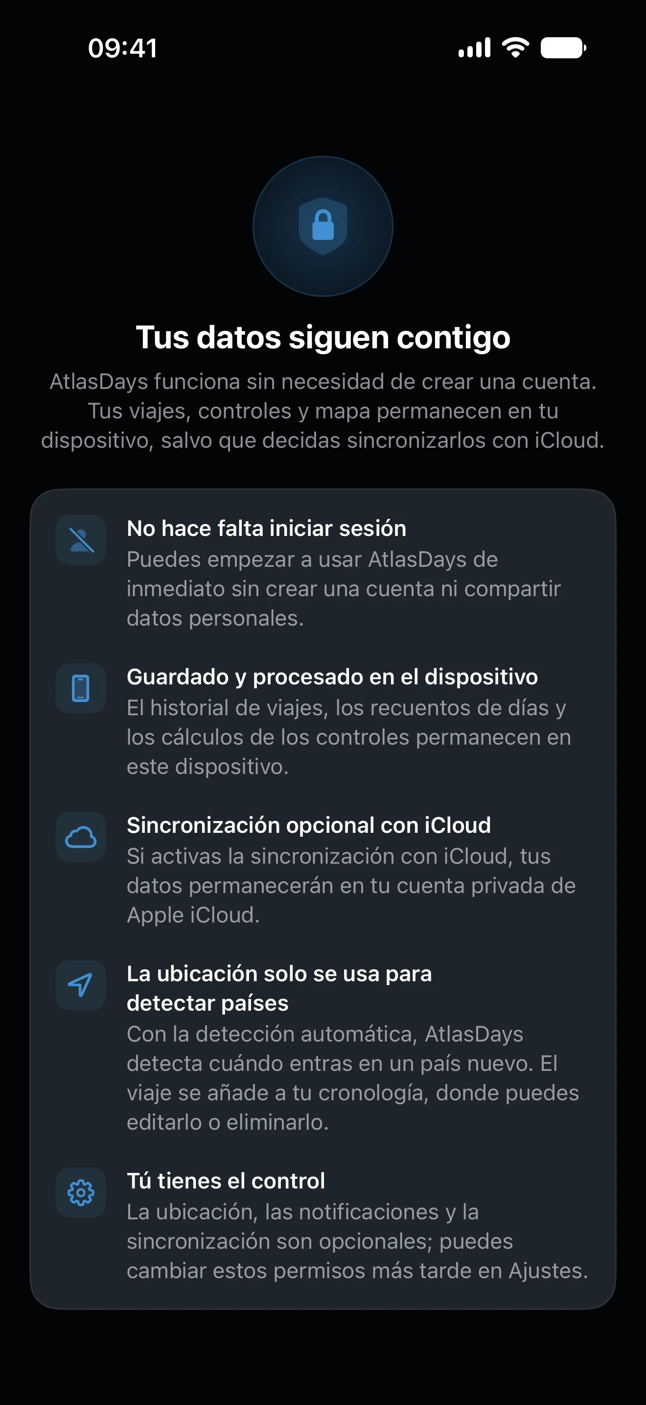 Panel de privacidad de AtlasDays que explica que los datos de viaje se quedan en el dispositivo, con sincronización opcional por iCloud
