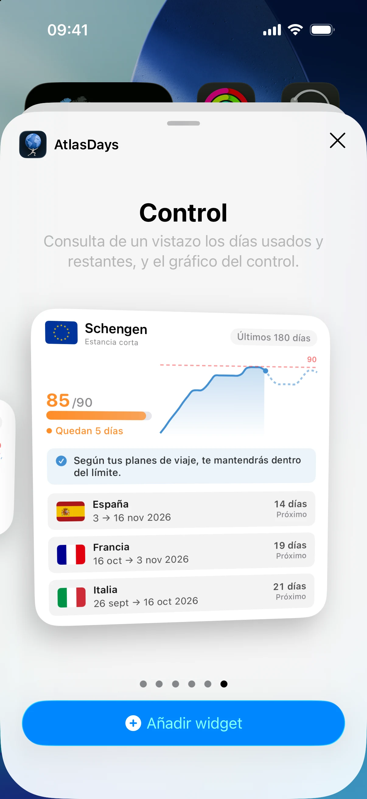 Widgets de AtlasDays en la pantalla de inicio, con un control de Schengen que muestra los días usados y los restantes de un vistazo