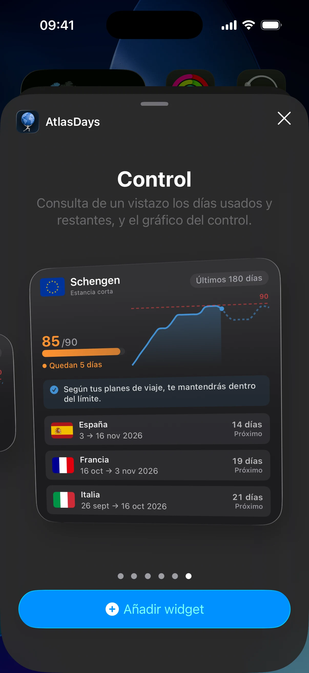Widgets de AtlasDays en la pantalla de inicio, con un control de Schengen que muestra los días usados y los restantes de un vistazo