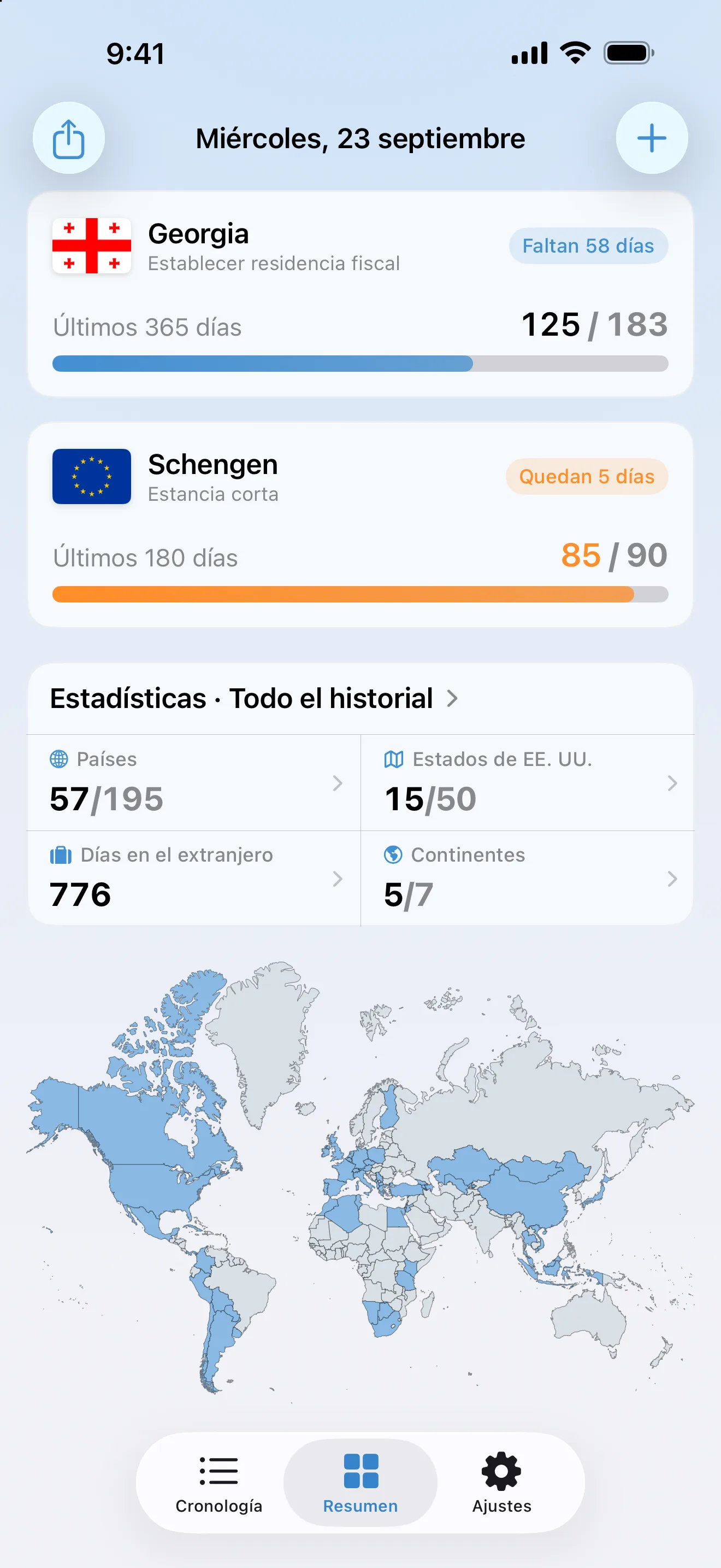 El resumen de AtlasDays el miércoles 23 de septiembre: un control de residencia en Georgia (país), el control de Schengen en 85 de 90 días, las estadísticas históricas y el mapa del mundo de países visitados