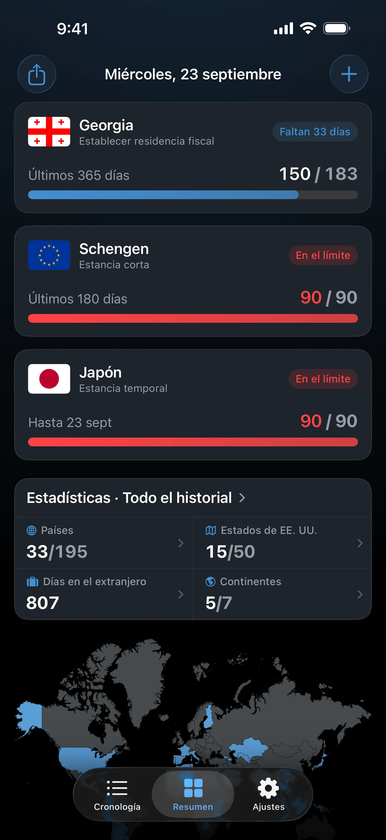 El resumen de AtlasDays con los controles de Schengen y de estancia en Japón en rojo, ambos en 90 de 90 días, marcados como En el límite