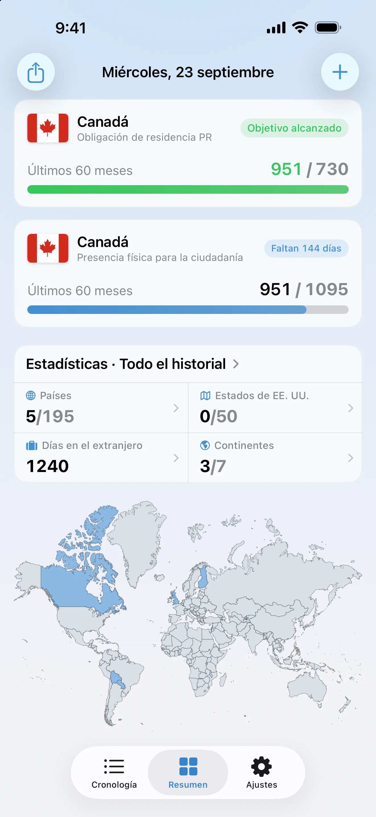 El resumen de AtlasDays con dos controles de Canadá: la obligación de residencia PR alcanzada en 951 de 730 días, y la presencia física para la ciudadanía en 951 de 1.095, con 144 días que faltan