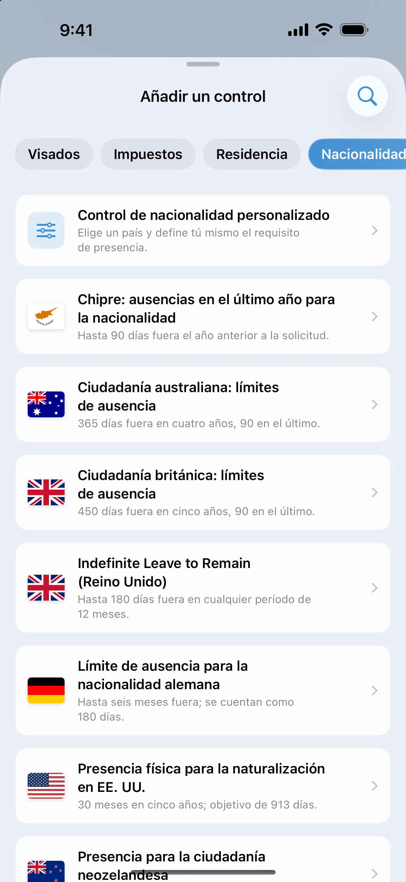 La pantalla Añadir un control de AtlasDays filtrada por Nacionalidad, con plantillas de Australia, Chipre, Alemania, Nueva Zelanda, el Reino Unido y EE. UU.