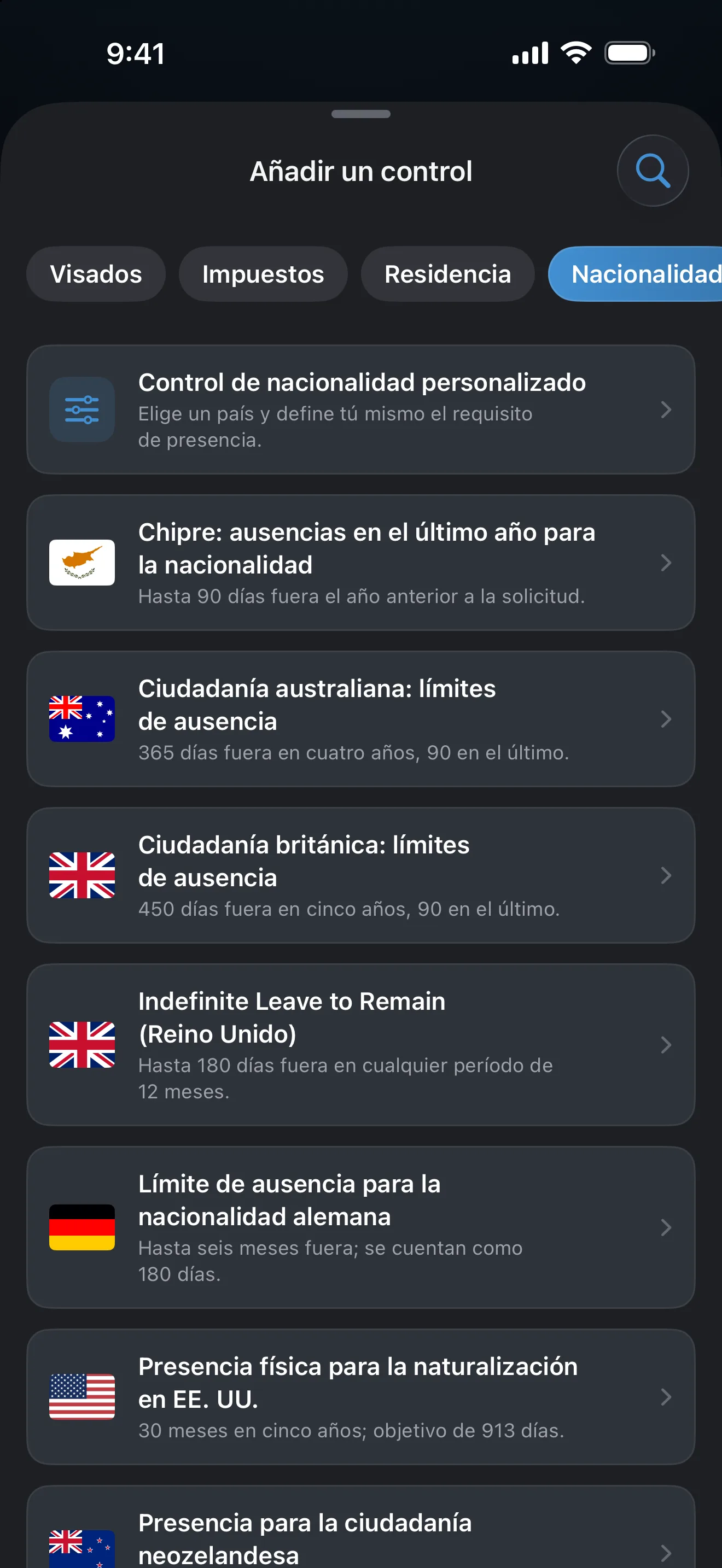 La pantalla Añadir un control de AtlasDays filtrada por Nacionalidad, con plantillas de Australia, Chipre, Alemania, Nueva Zelanda, el Reino Unido y EE. UU.