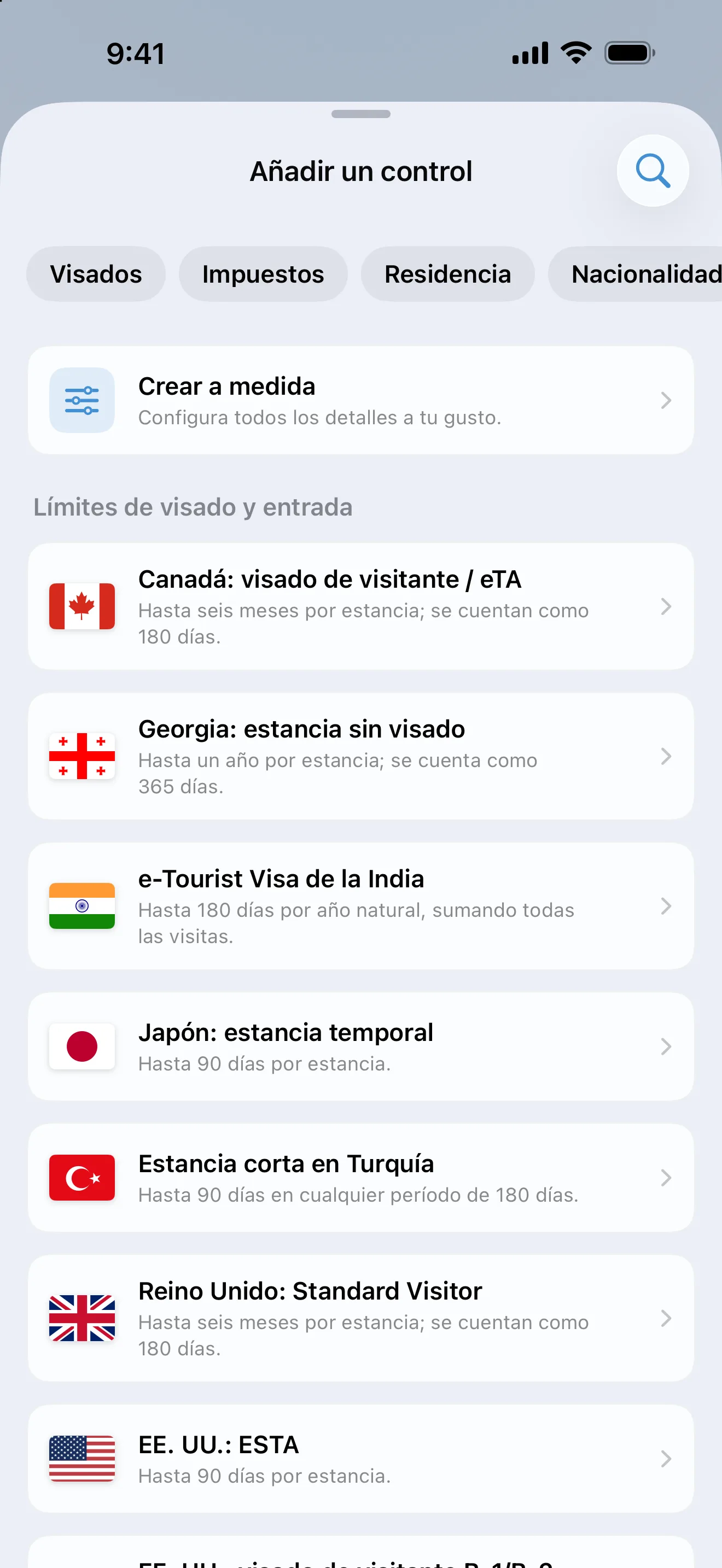 La pantalla Añadir un control de AtlasDays, con filtros de visados, impuestos, residencia y nacionalidad sobre reglas ya preparadas de visado y límite de entrada