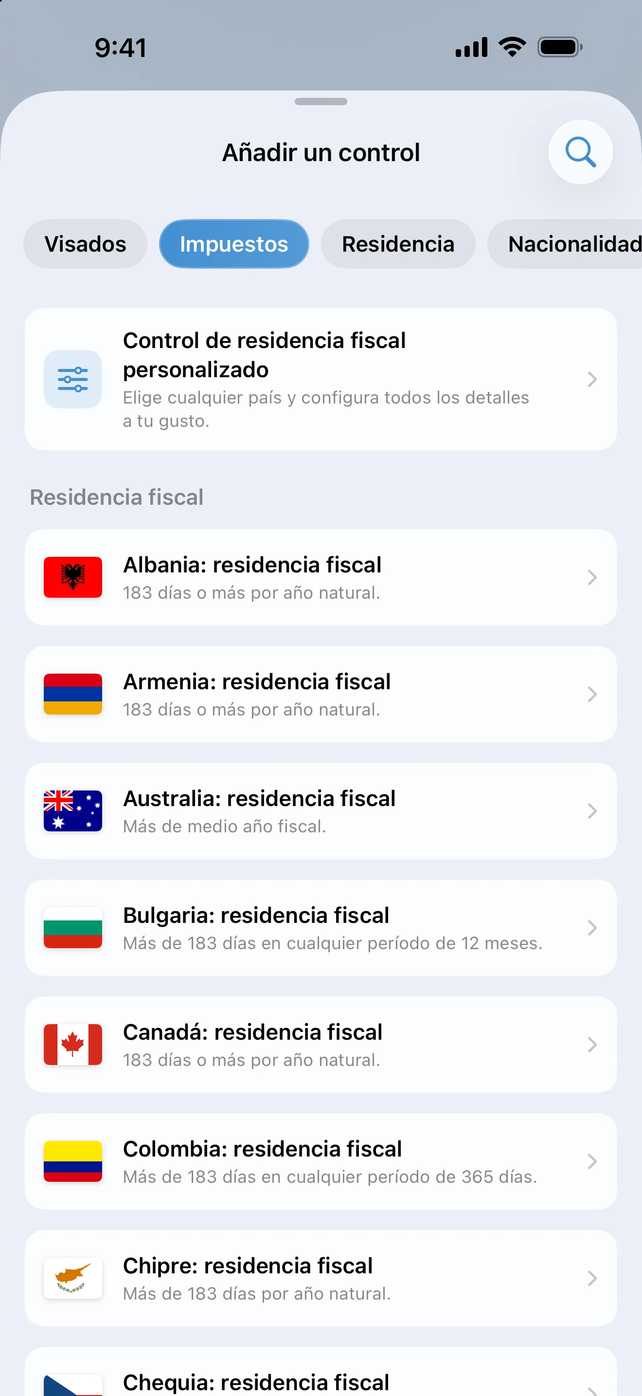La pantalla Añadir un control de AtlasDays filtrada por Impuestos, con plantillas de residencia fiscal desde Albania hasta Chequia y su prueba de días