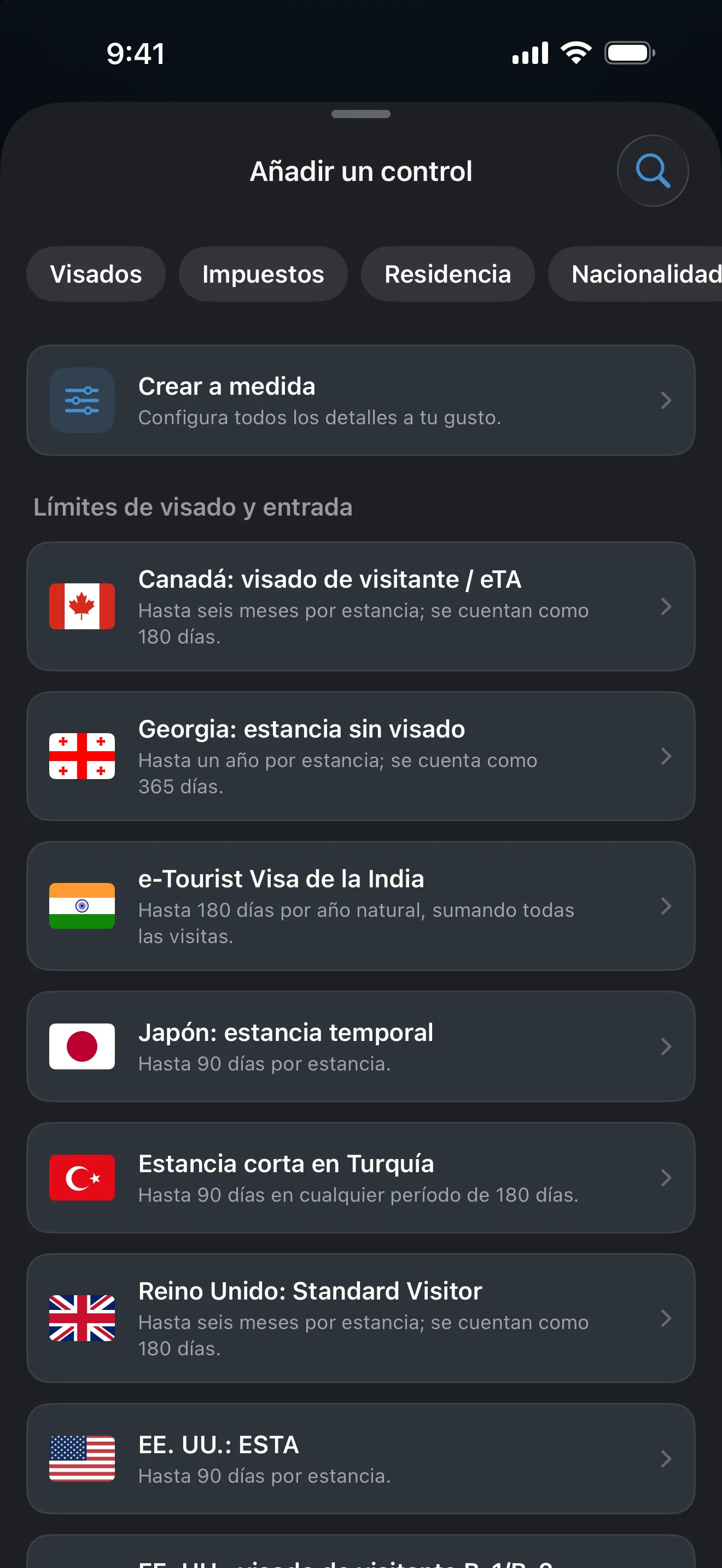 La pantalla Añadir un control de AtlasDays, con filtros de visados, impuestos, residencia y nacionalidad sobre reglas ya preparadas de visado y límite de entrada