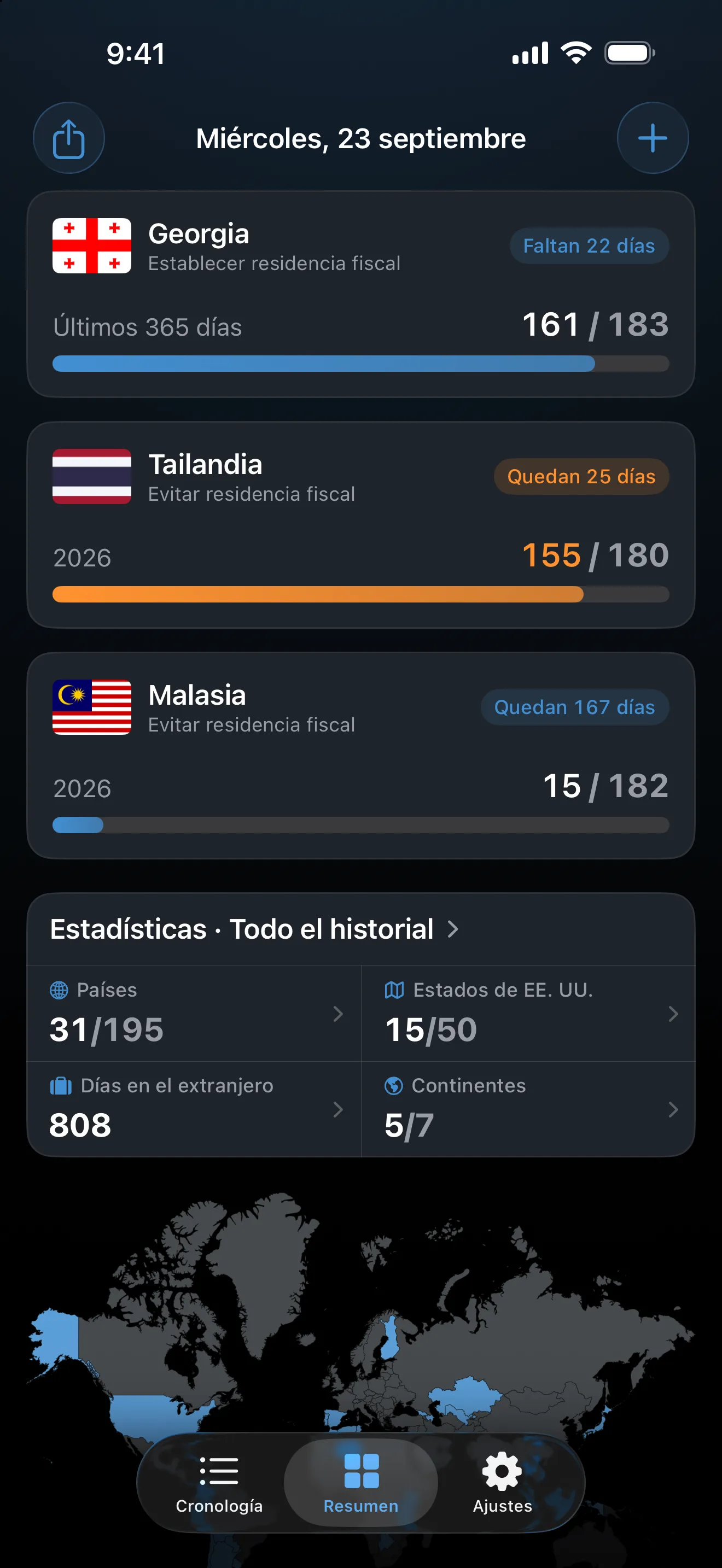 El resumen de AtlasDays con tres controles de residencia fiscal: Georgia (país) en 161 de 183 días, con 22 días que faltan; Tailandia en naranja a 155 de 180; y Malasia en 15 de 182