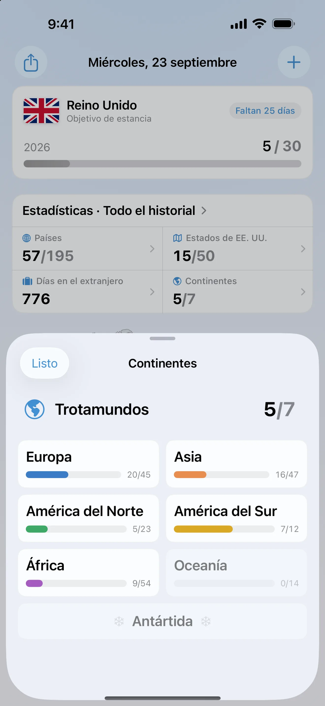 La ficha Continentes de AtlasDays abierta desde las estadísticas del resumen: 5 de 7 continentes, con Europa en 20 de 45, Asia en 16 de 47, América del Norte en 5 de 23, América del Sur en 7 de 12 y África en 9 de 54