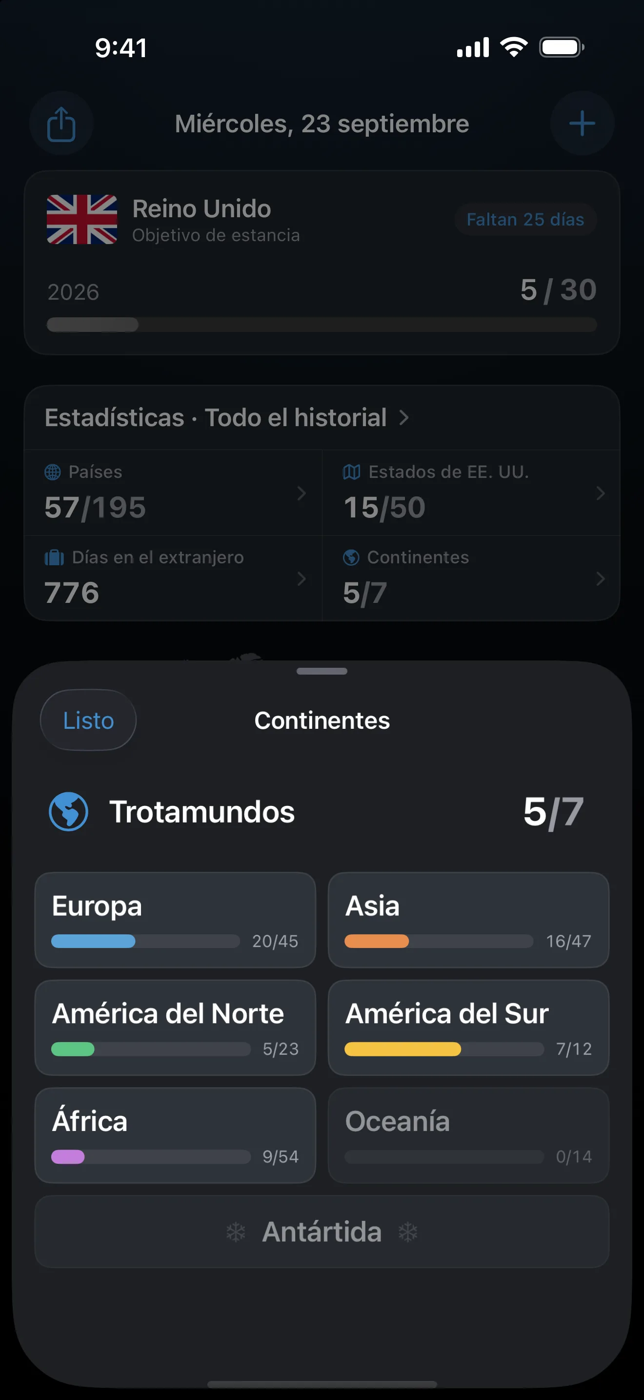 La ficha Continentes de AtlasDays abierta desde las estadísticas del resumen: 5 de 7 continentes, con Europa en 20 de 45, Asia en 16 de 47, América del Norte en 5 de 23, América del Sur en 7 de 12 y África en 9 de 54