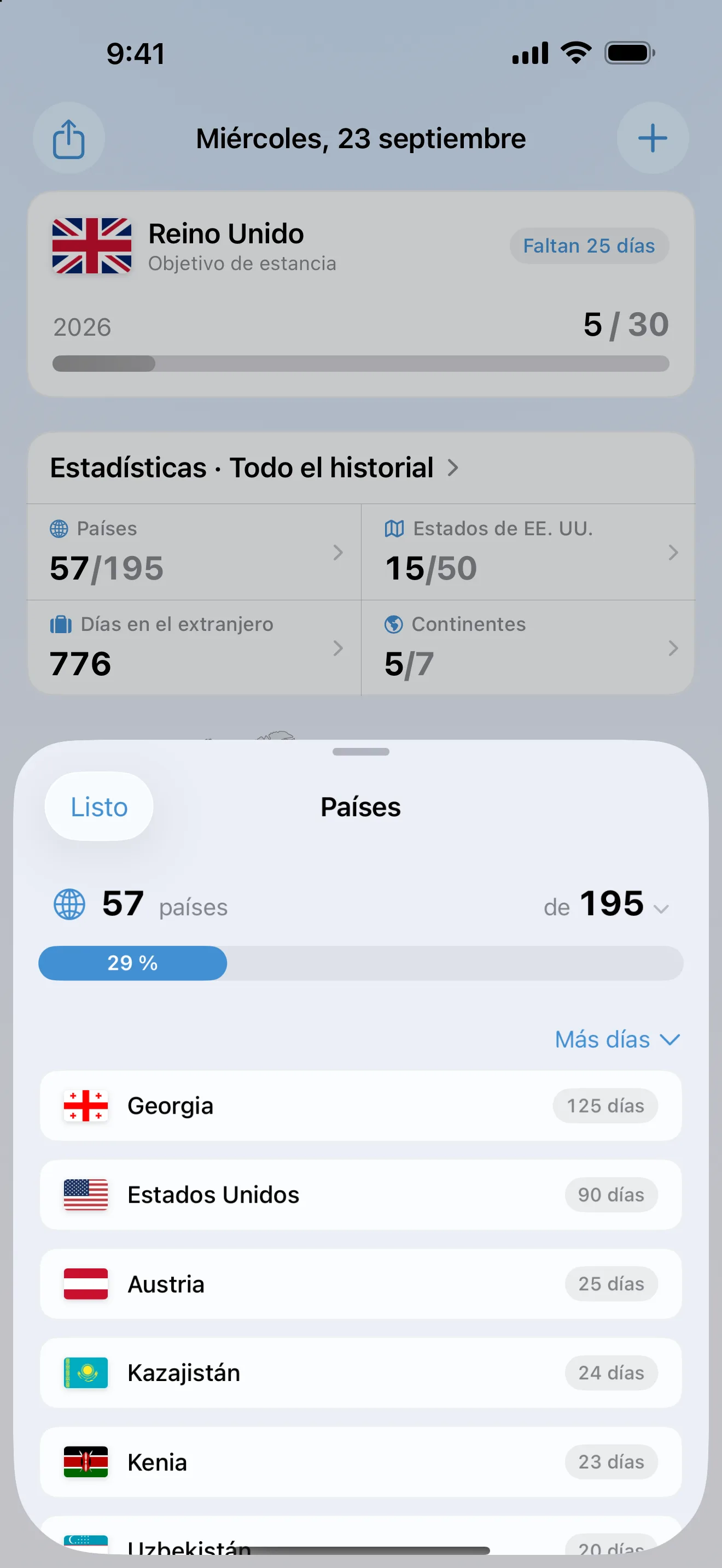 La ficha Países de AtlasDays: 57 de 195 países, el 29 por ciento, ordenados por más días, con Georgia (país) a la cabeza con 125 días y Estados Unidos con 90