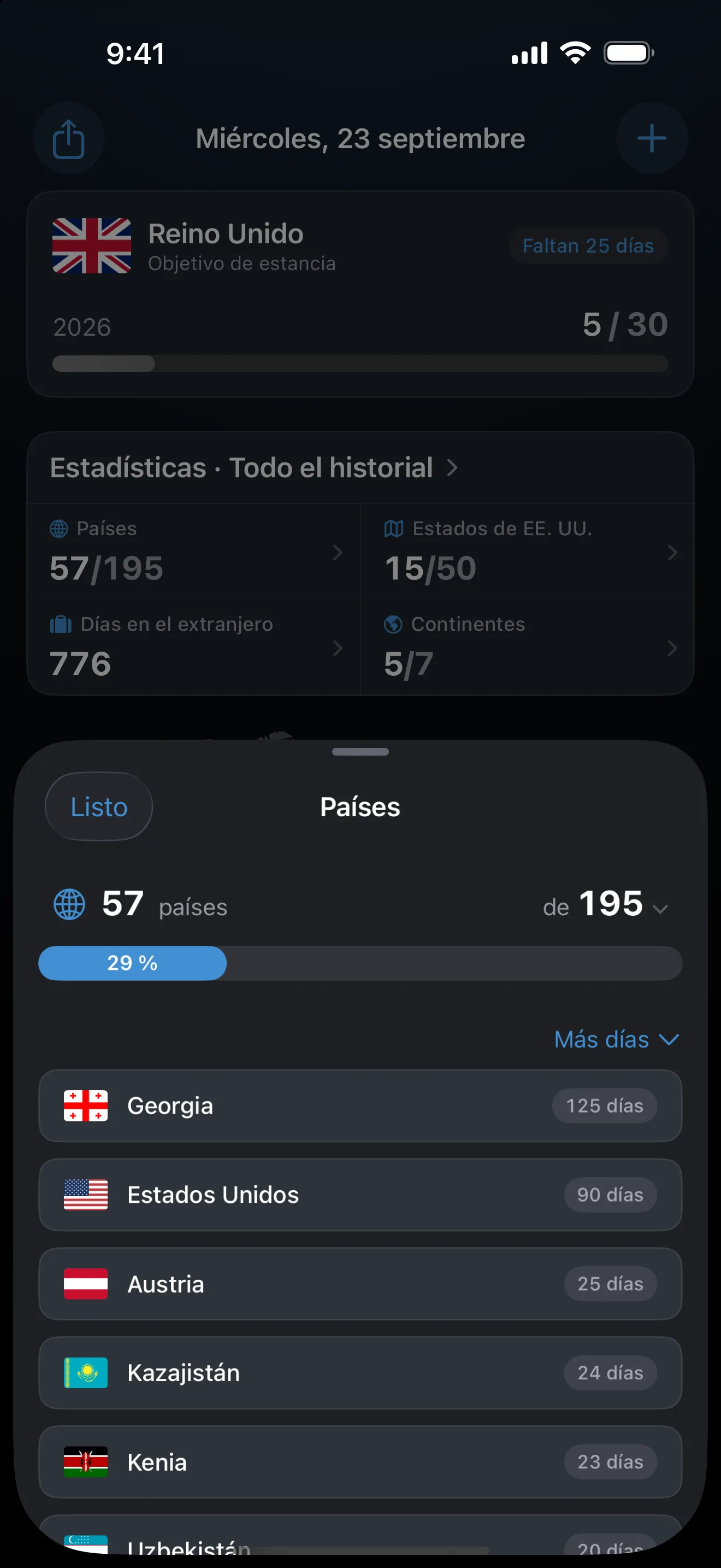 La ficha Países de AtlasDays: 57 de 195 países, el 29 por ciento, ordenados por más días, con Georgia (país) a la cabeza con 125 días y Estados Unidos con 90