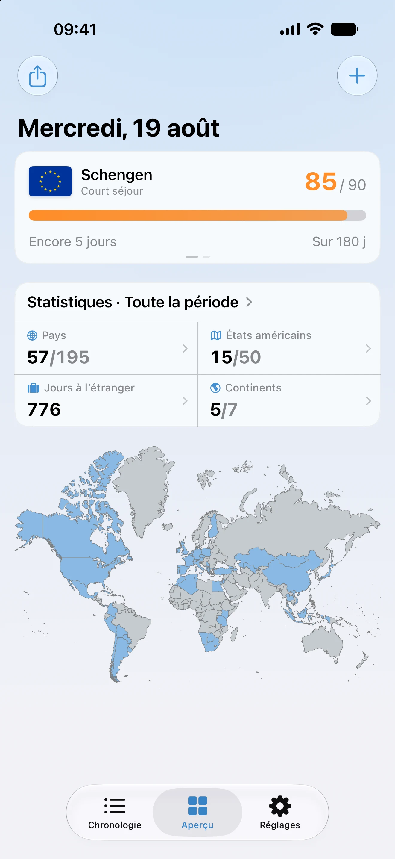 Aperçu AtlasDays avec le suivi Schengen, les statistiques globales et la carte du monde