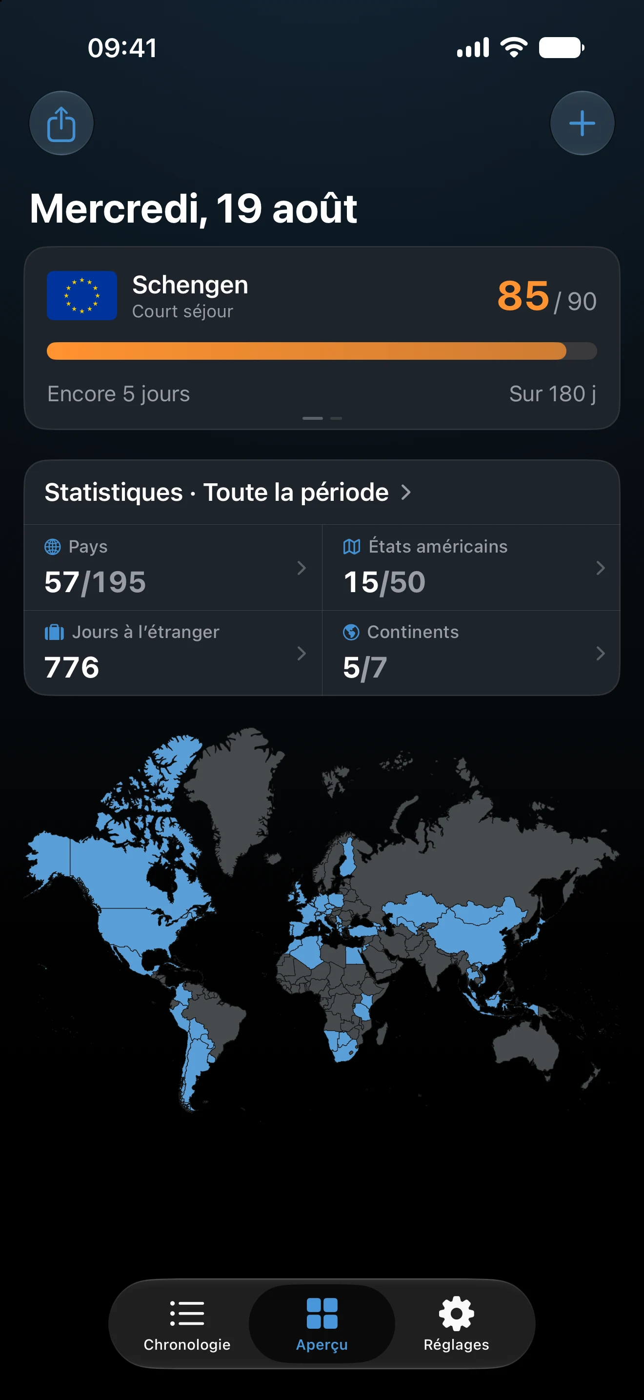 Aperçu AtlasDays avec le suivi Schengen, les statistiques globales et la carte du monde