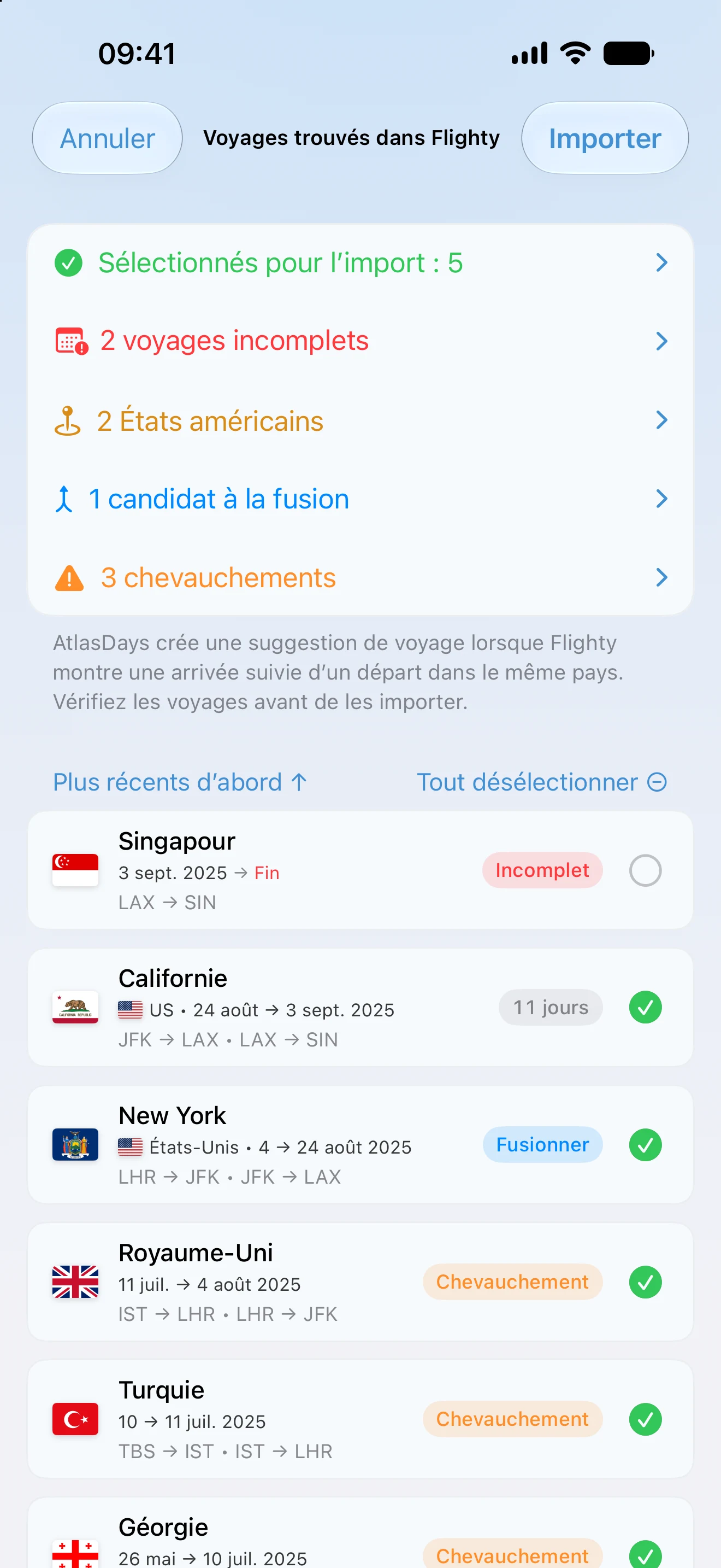 Vérification de l’import d’un historique de vols Flighty dans AtlasDays, qui signale les voyages incomplets, les États américains, une fusion possible et des chevauchements avant l’enregistrement