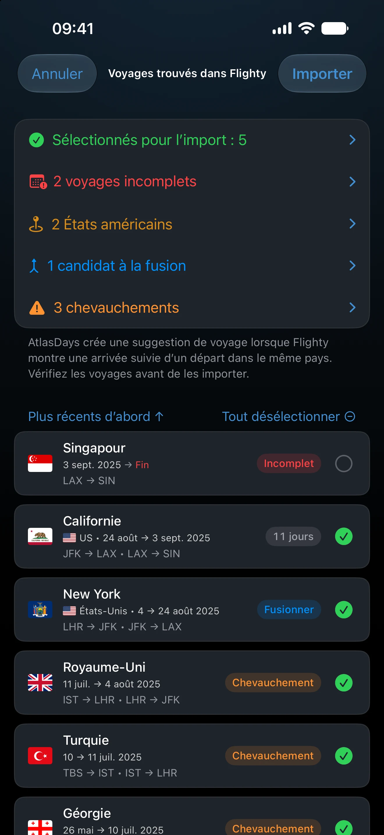 Vérification de l’import d’un historique de vols Flighty dans AtlasDays, qui signale les voyages incomplets, les États américains, une fusion possible et des chevauchements avant l’enregistrement