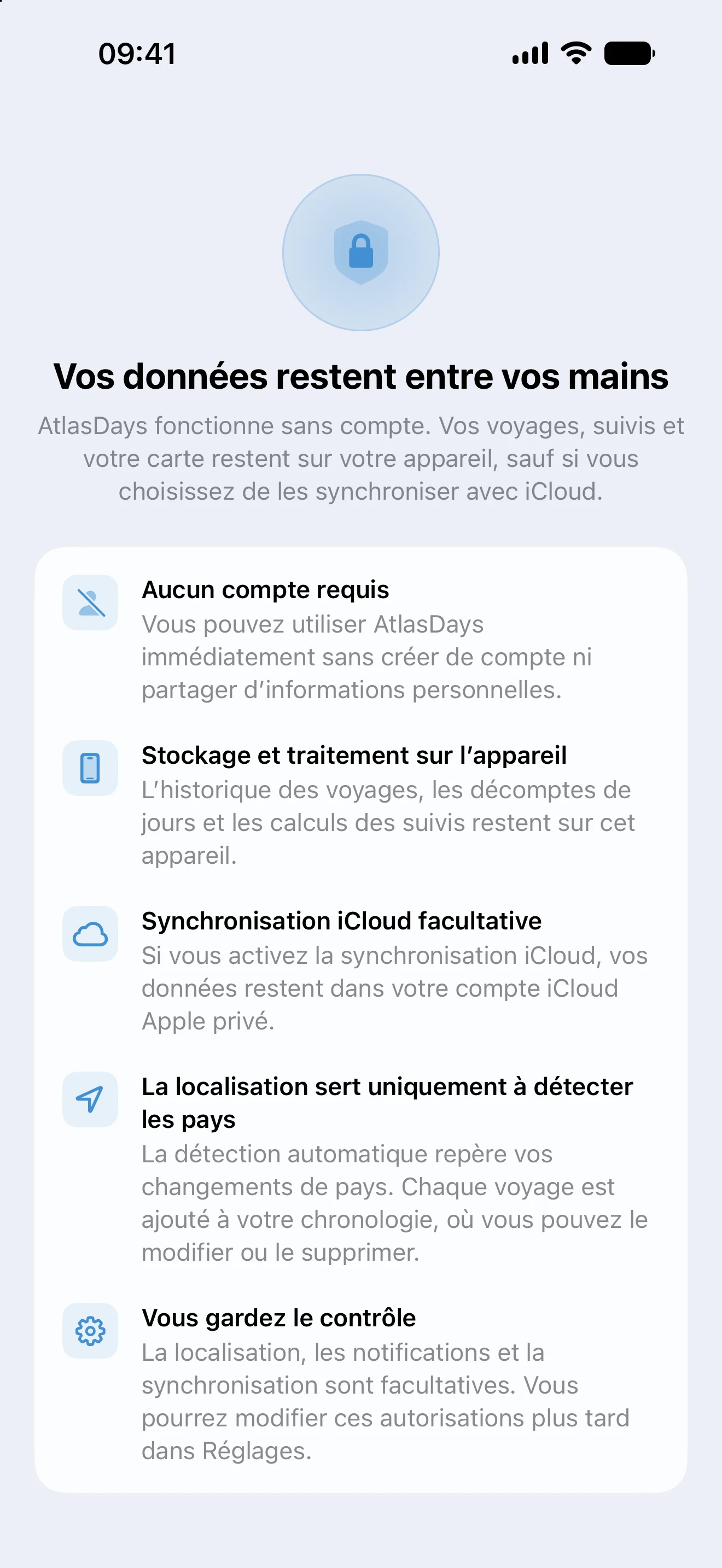 Panneau Confidentialité d’AtlasDays expliquant que les données de voyage restent sur l’appareil, avec synchronisation iCloud en option