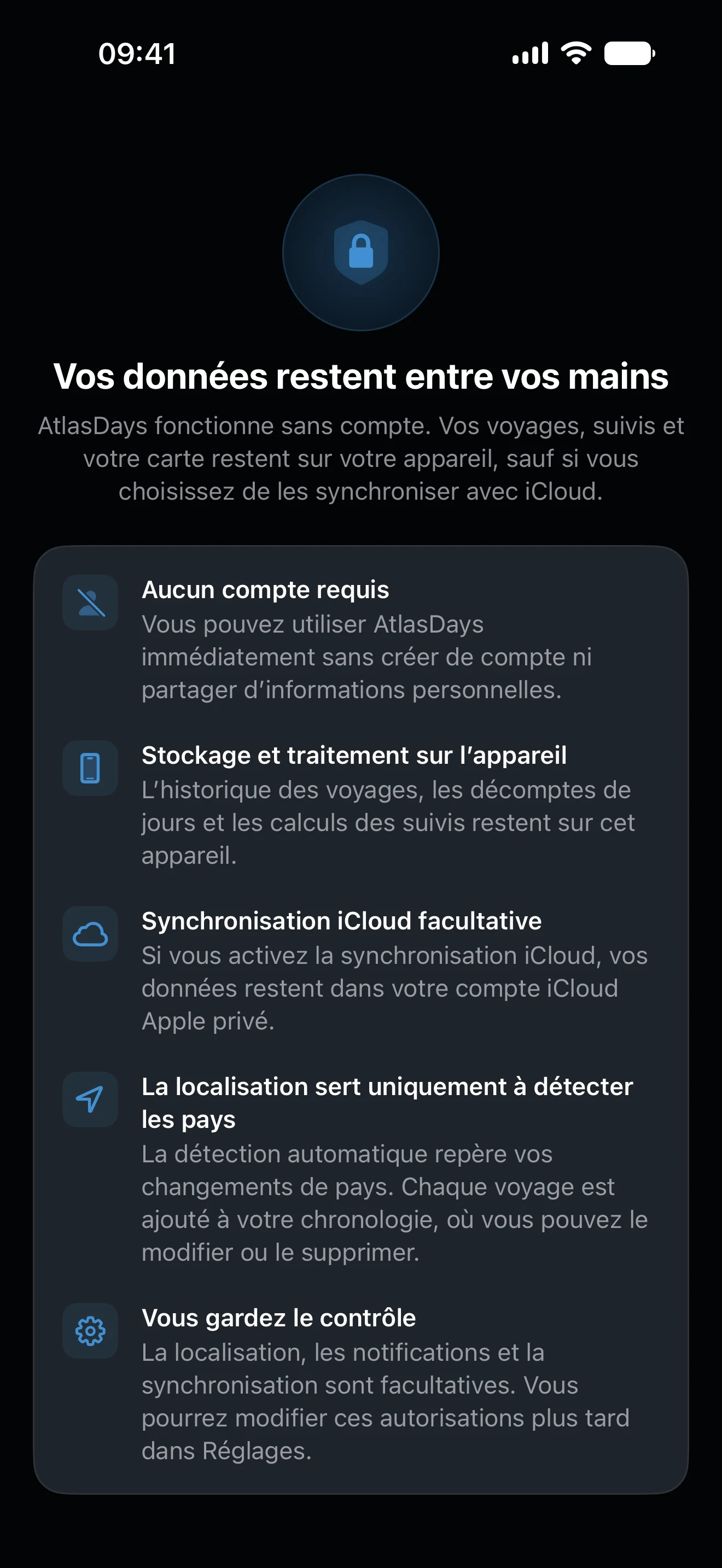 Panneau Confidentialité d’AtlasDays expliquant que les données de voyage restent sur l’appareil, avec synchronisation iCloud en option