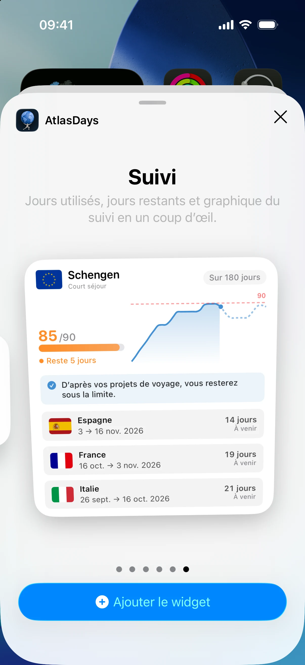Widgets AtlasDays sur l’écran d’accueil montrant un suivi Schengen avec les jours utilisés et restants en un coup d’œil