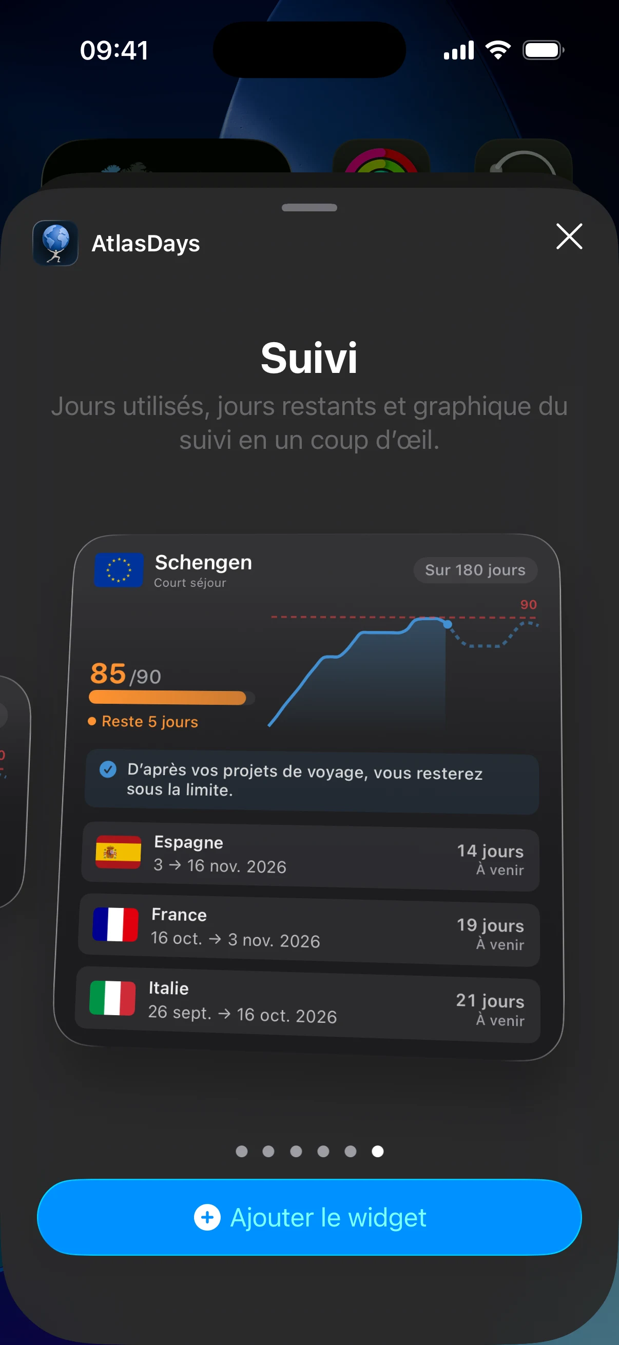 Widgets AtlasDays sur l’écran d’accueil montrant un suivi Schengen avec les jours utilisés et restants en un coup d’œil