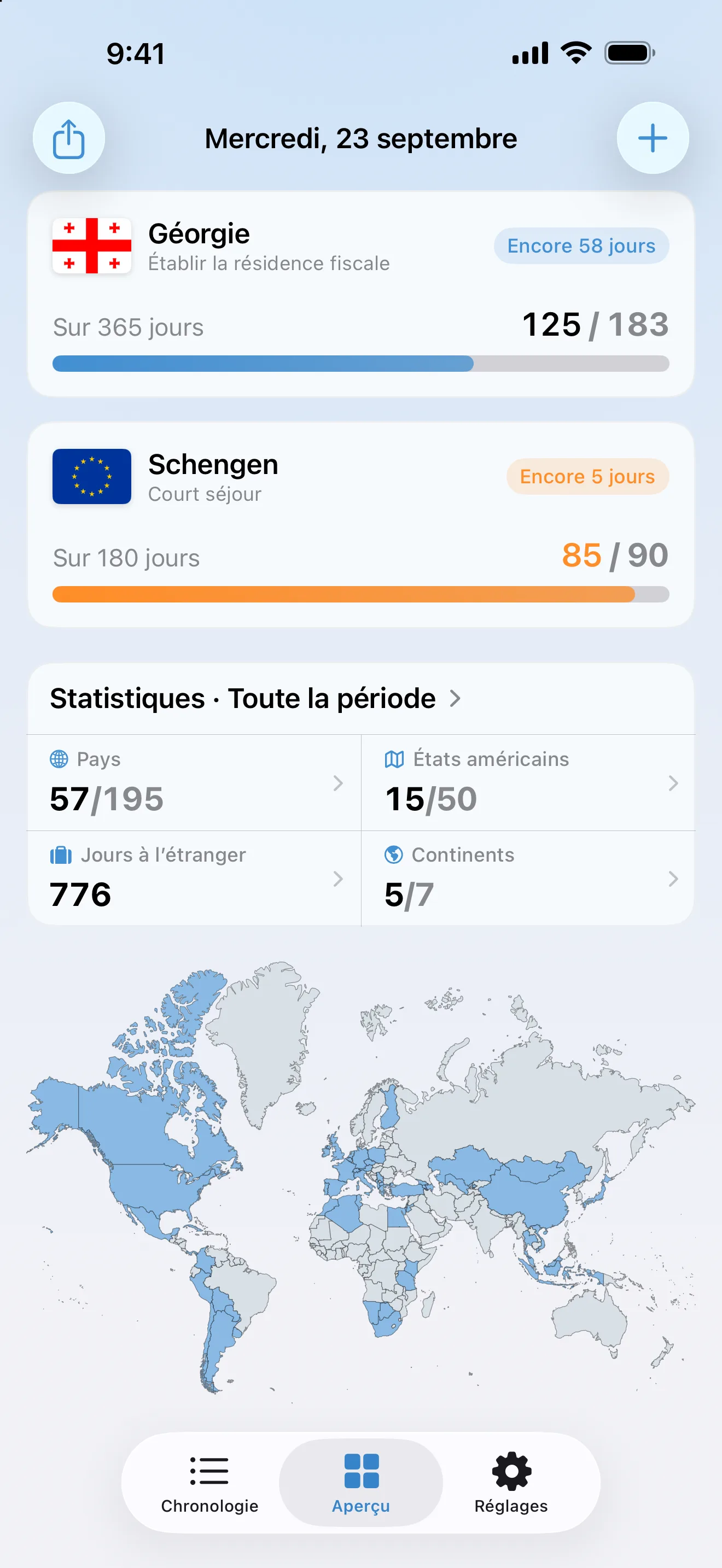 L’aperçu AtlasDays le mercredi 23 septembre : un suivi de résidence en Géorgie, le suivi Schengen à 85 jours sur 90, les statistiques globales et la carte du monde des pays visités