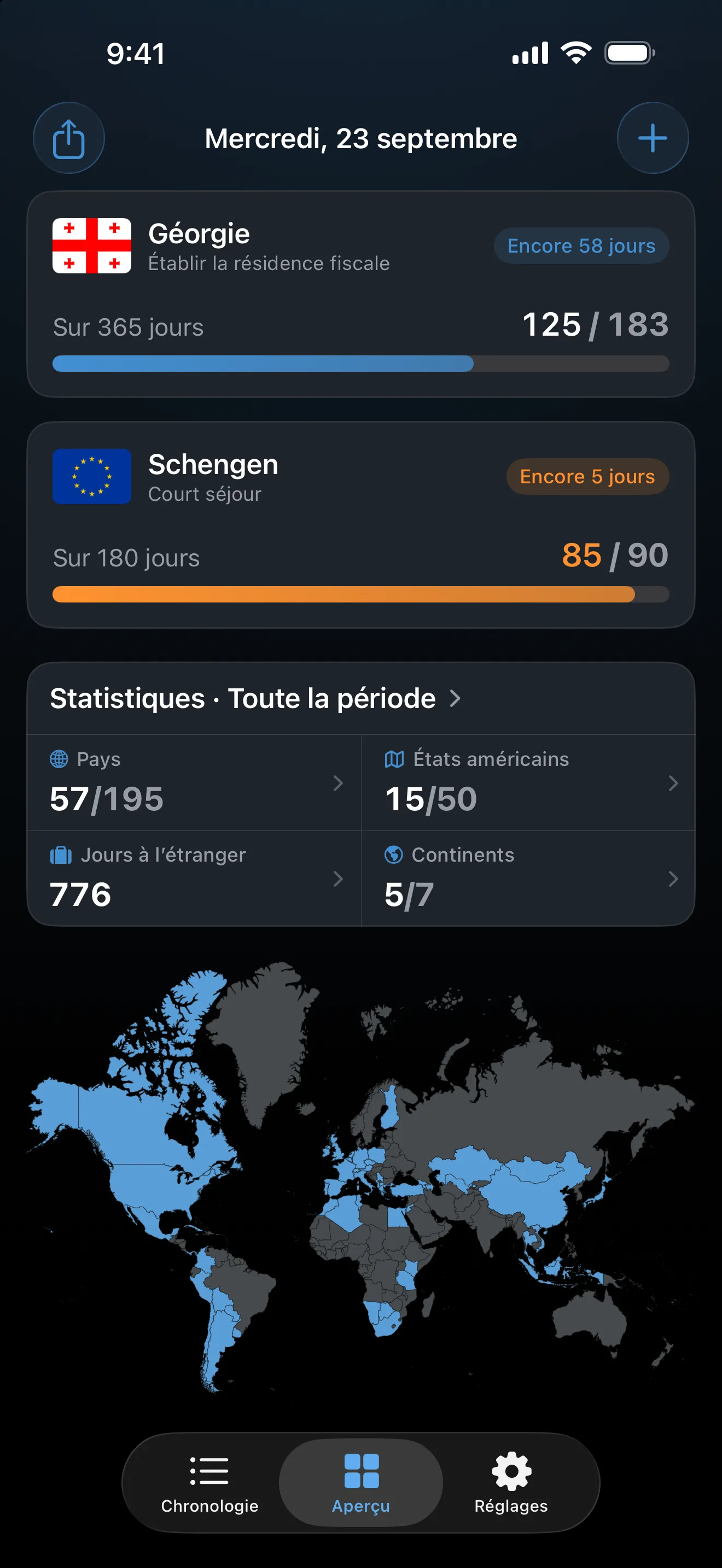 L’aperçu AtlasDays le mercredi 23 septembre : un suivi de résidence en Géorgie, le suivi Schengen à 85 jours sur 90, les statistiques globales et la carte du monde des pays visités