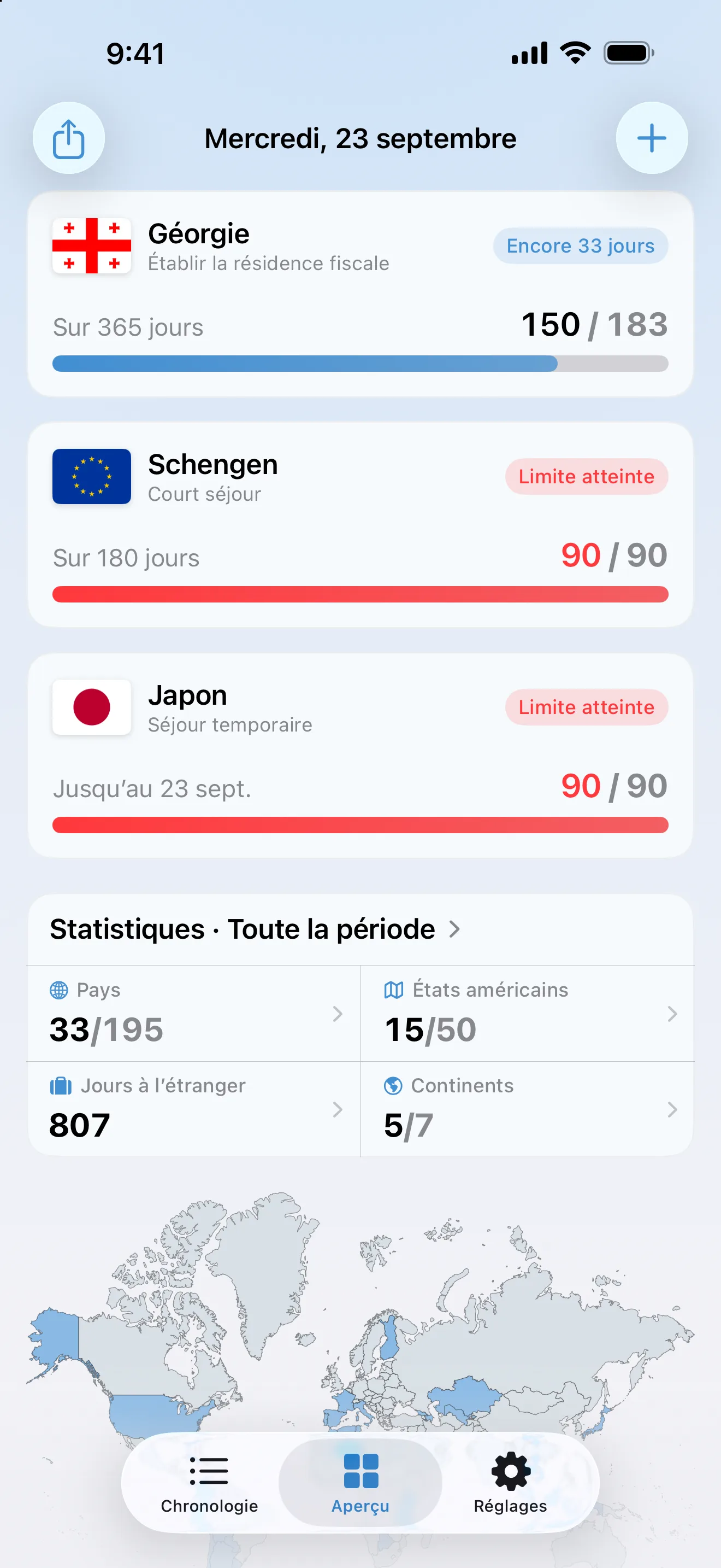 L’aperçu AtlasDays avec les suivis Schengen et Japon (visiteur) tous deux en rouge à 90 jours sur 90, marqués Limite atteinte